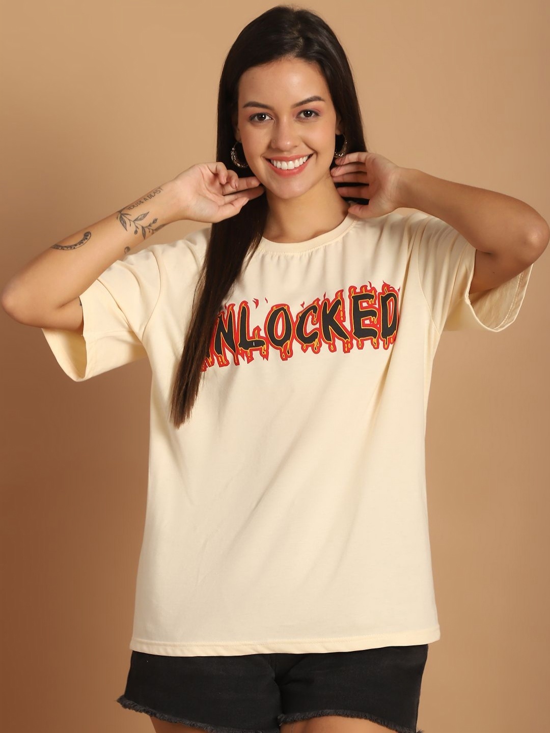 

Tromko Women Graphic Printed Round Neck Cotton Oversized T-shirt, Cream