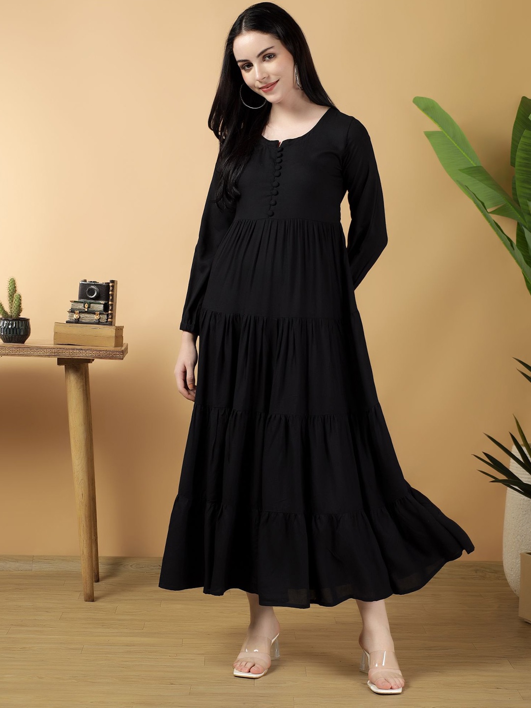 

Bright Nex Women Puff Sleeve Fit & Flare Maxi Dress, Black