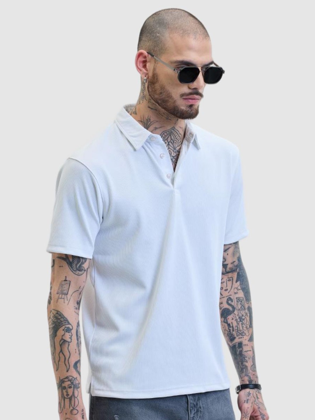 

Snitch White Polo Collar Slim Fit Self Design T-shirt
