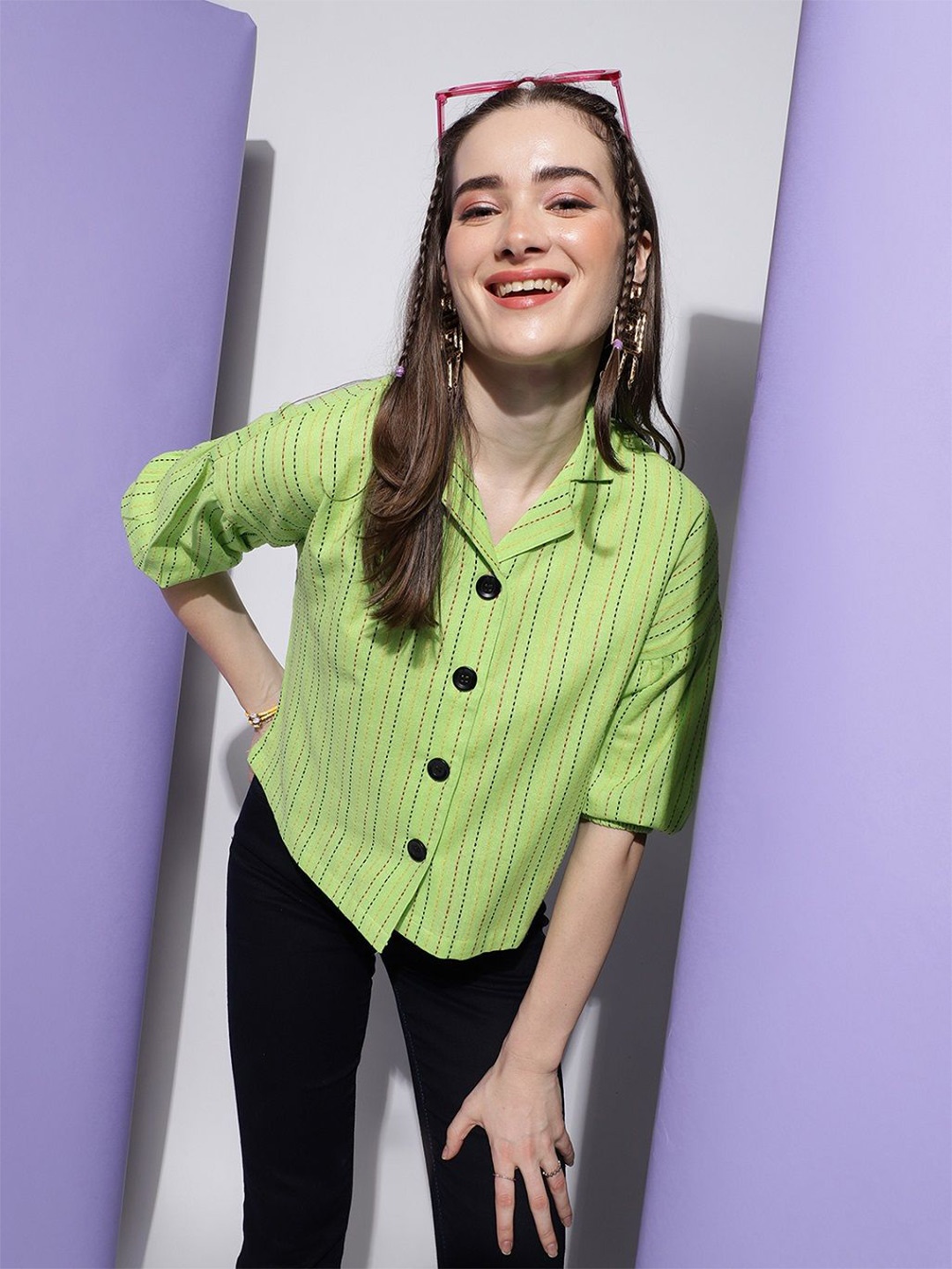

Metronaut Smart Boxy Striped Puff Sleeves Cuban Collar Cotton Casual Shirt, Green