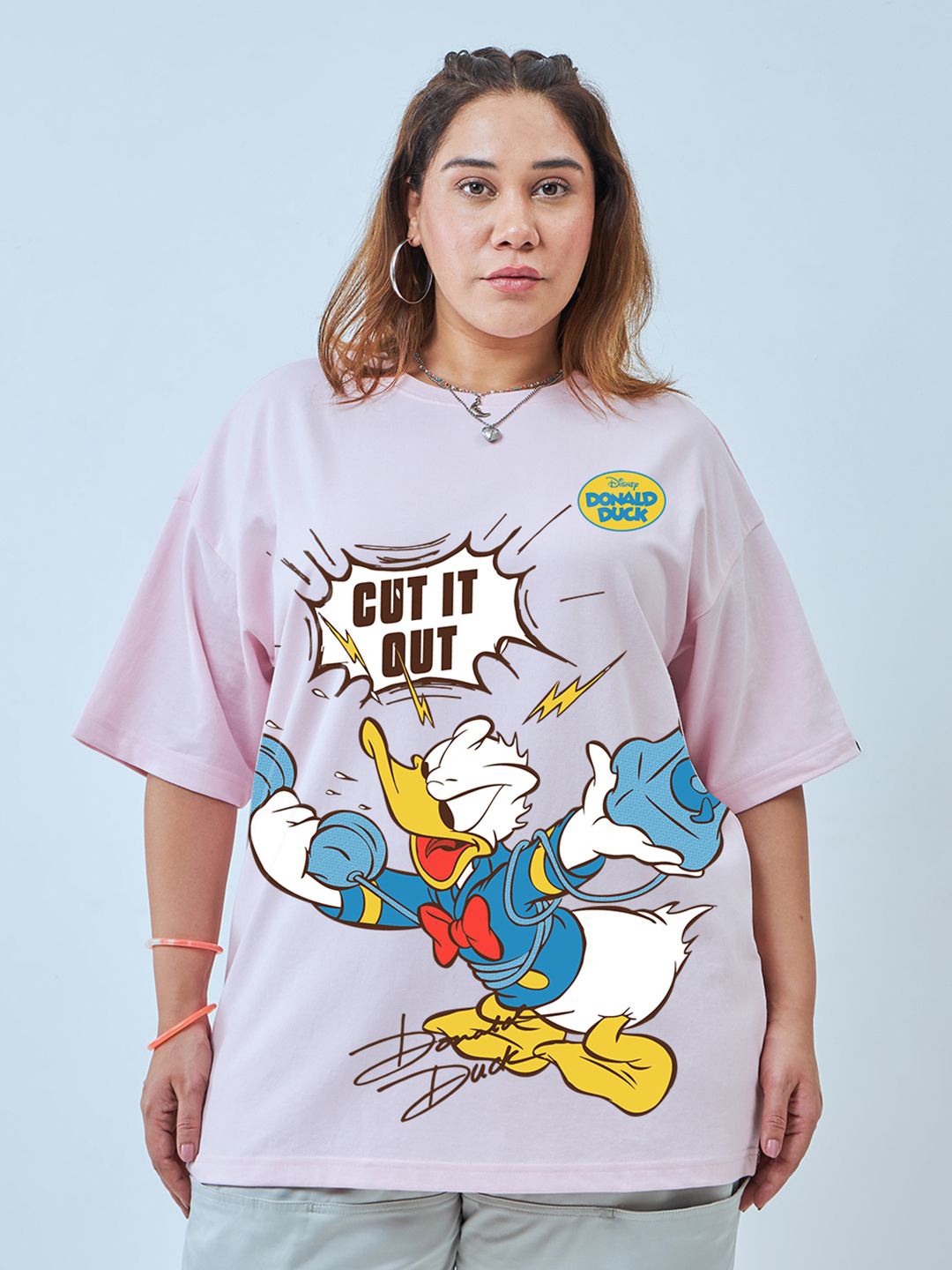 

Bewakoof Plus Size Heavy Duty Donald Duck Graphic Printed Oversized T-shirt, Pink