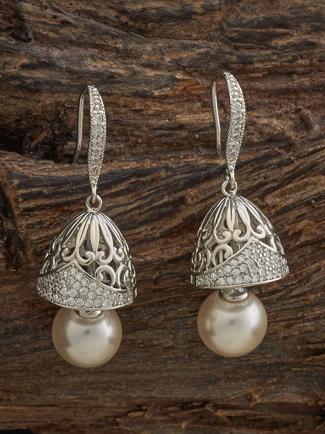 

Kushal's Fashion Jewellery Rhodium-Plated Dome Shaped Zircon Jhumkas Earrings, White