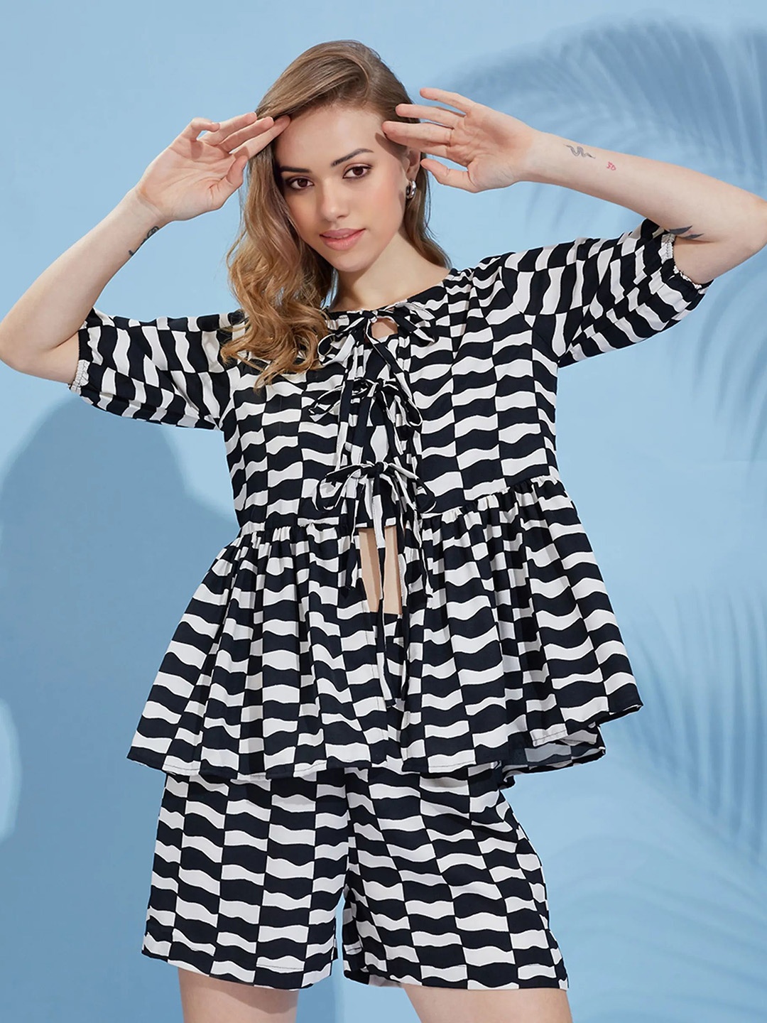 

all about you Abstract Printed Tie-Up Top With Shorts, Black