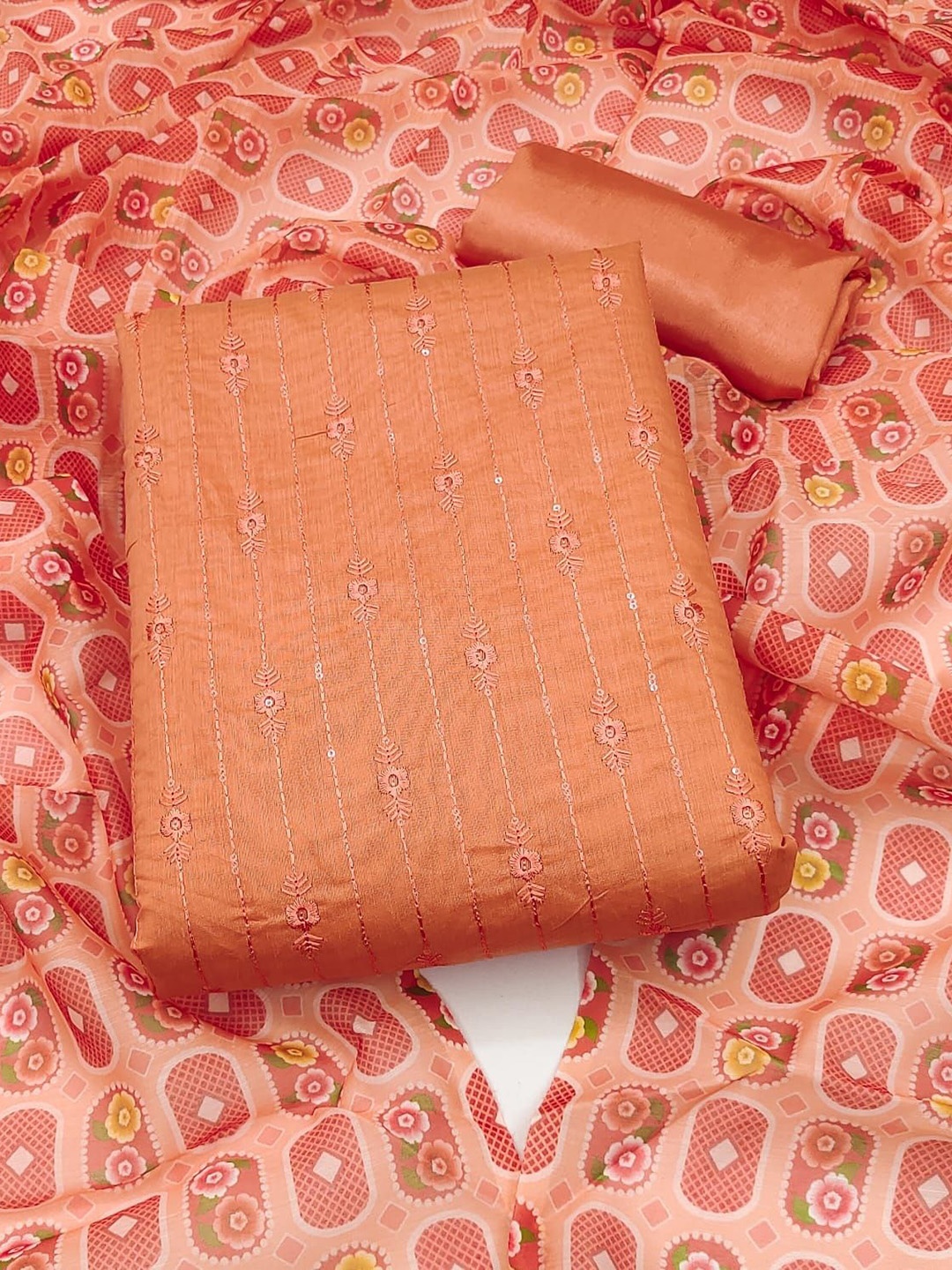

SHADOW & SAINING Floral Embroidered Unstitched Dress Material, Peach