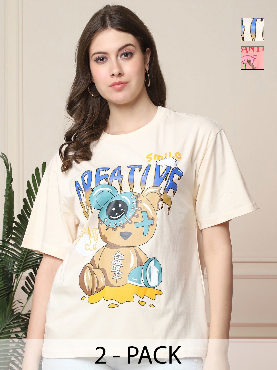 

Tromko Women Pack of 2 Graphic Printed Round Neck Cotton Oversized T-shirts, Peach