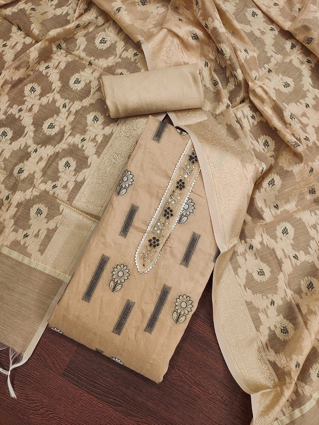 

SHADOW & SAINING Floral Woven Design Banarasi Chanderi Silk Unstitched Dress Material, Beige