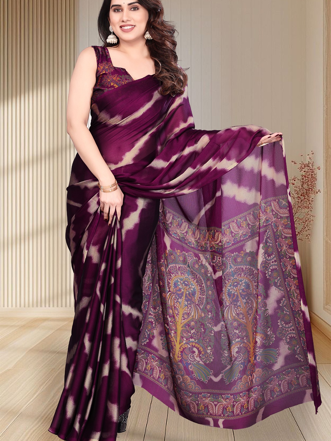 

MAGNEITTA Leheriya Pure Chiffon Saree, Purple