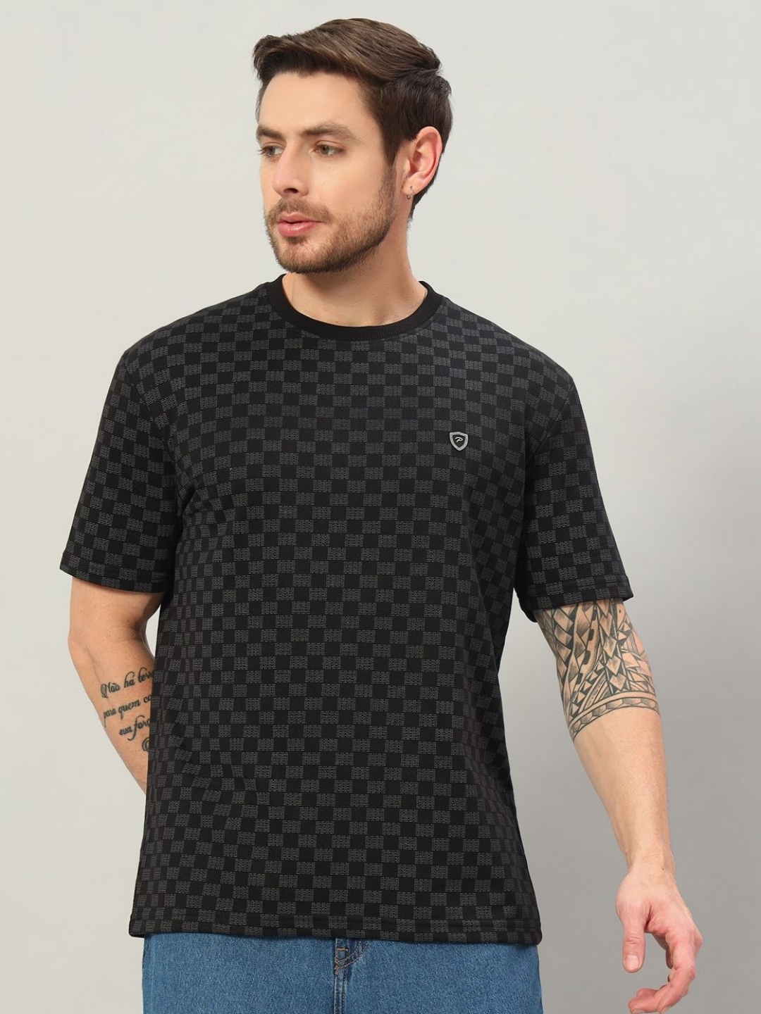 

PROFY Men Geometric Printed Round Neck Cotton T-shirt, Black