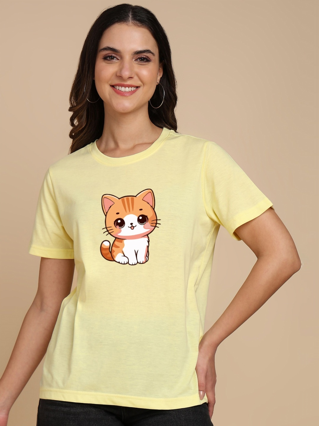 

Adyavastram Cat Printed Round Neck Cotton T-shirt, Yellow