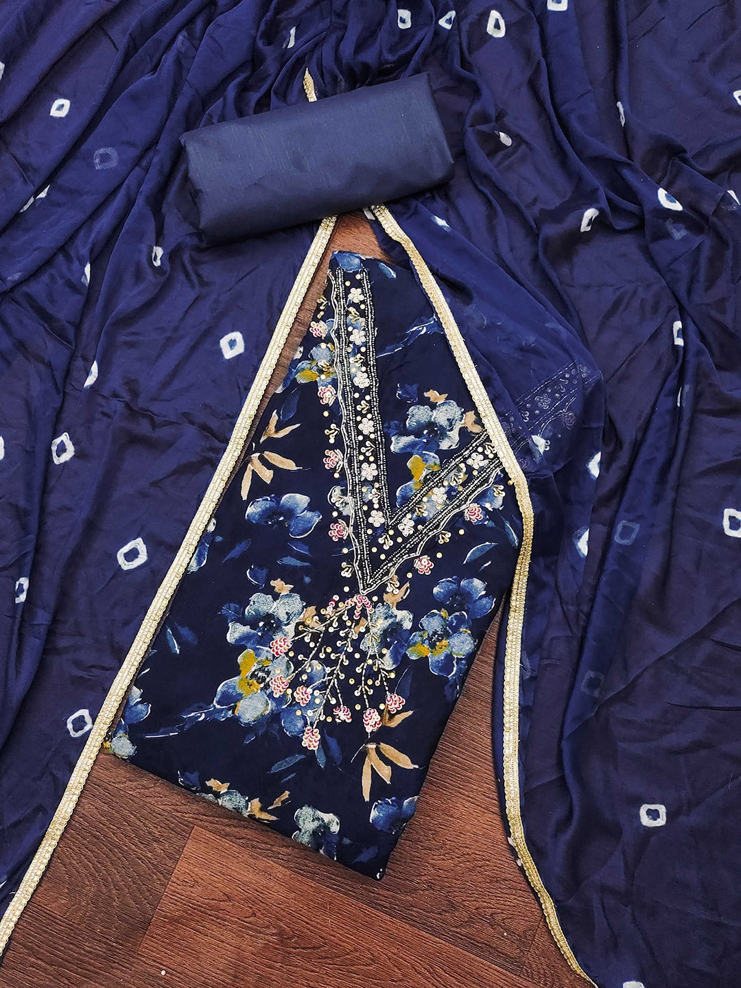 

SHADOW & SAINING Floral Printed Beads And Stones Semi-Stitched Dress Material, Blue