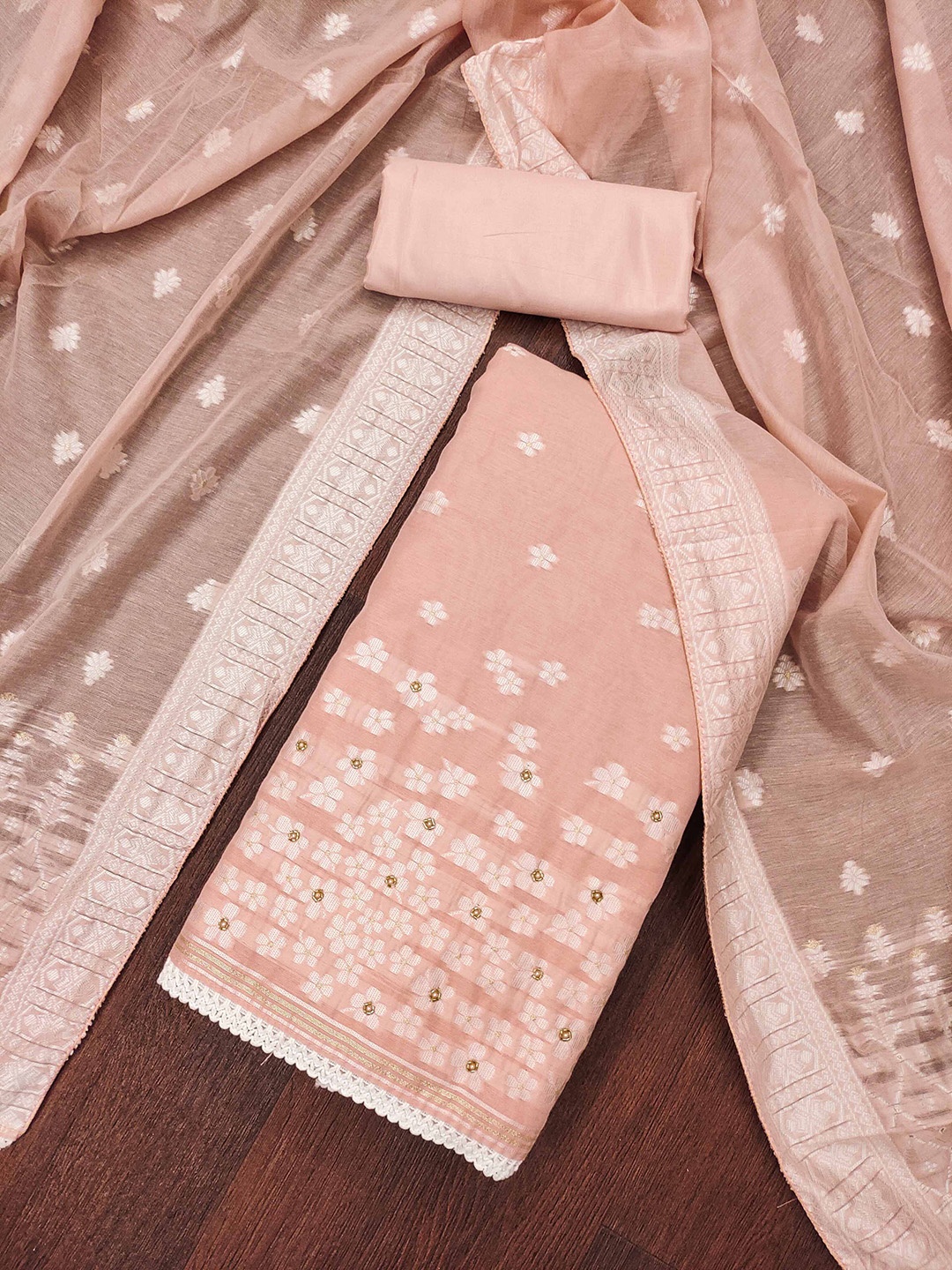 

SHADOW & SAINING Floral Woven Design Zari Work Banarasi Semi-Stitched Dress Material, Peach