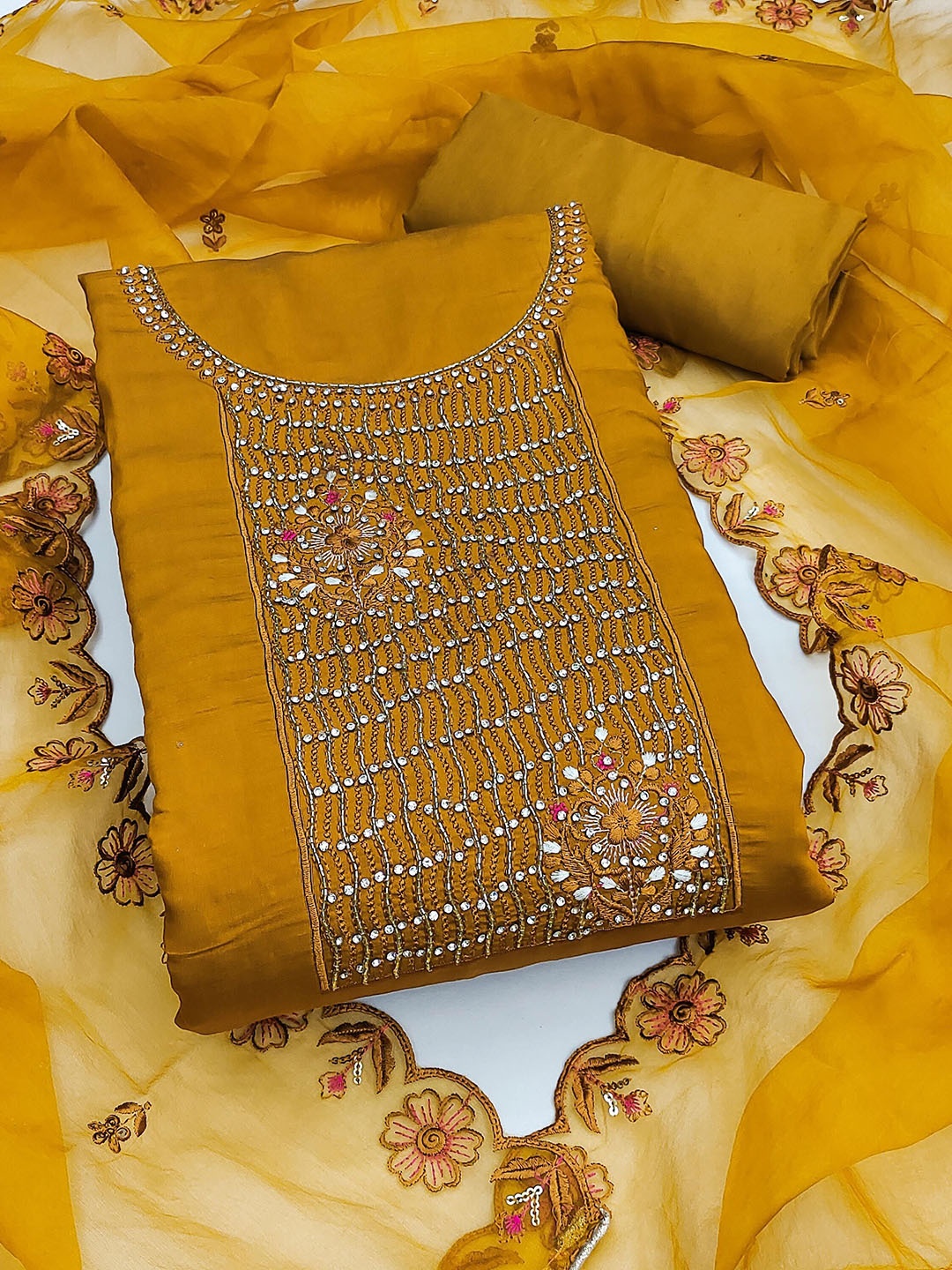 

SHADOW & SAINING Embroidered Pure Silk Semi-Stitched Dress Material, Mustard