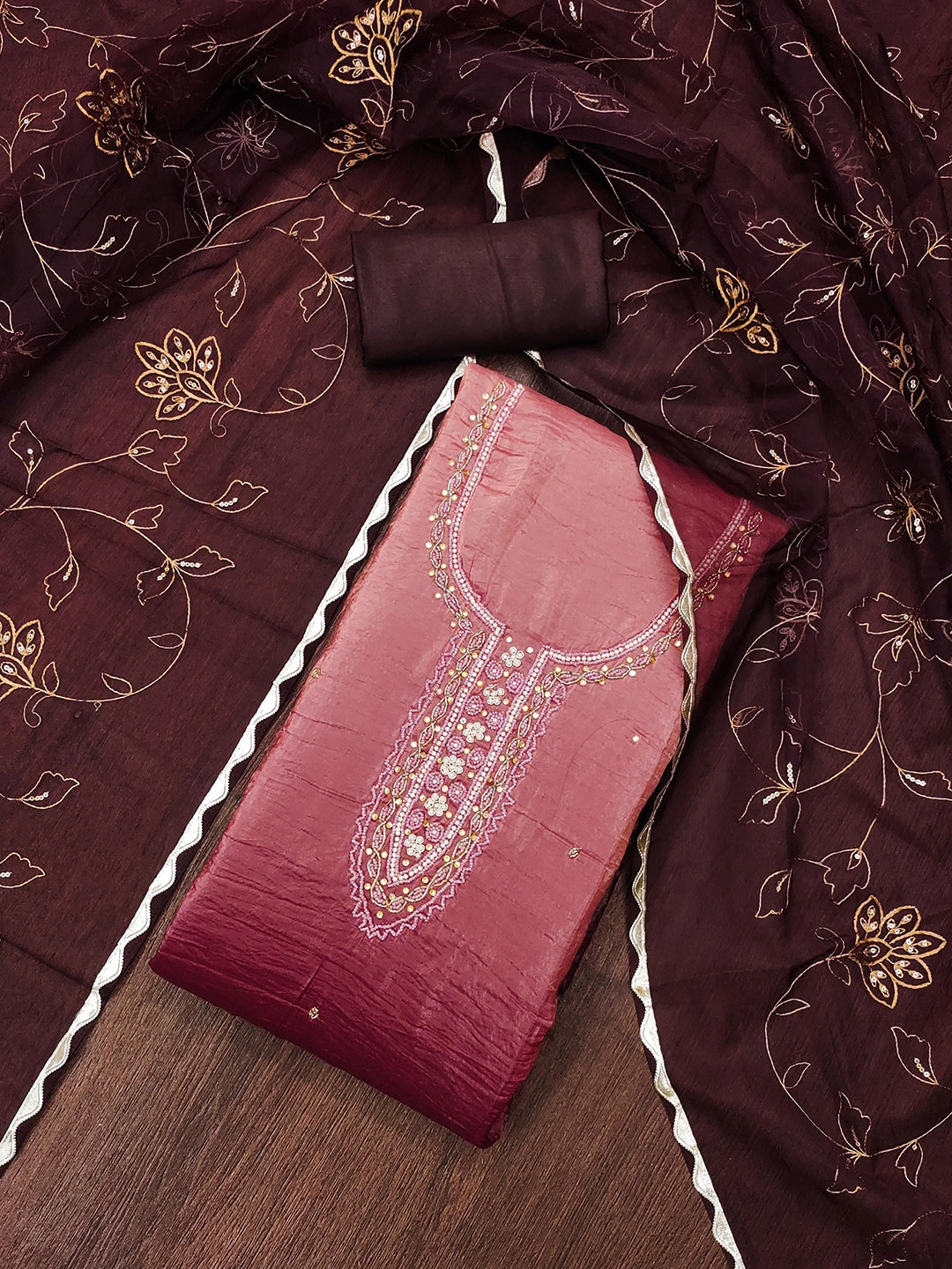 

SHADOW & SAINING Floral Embellished Beads & Stones Pure Silk Semi-Stitched Dress Material, Pink