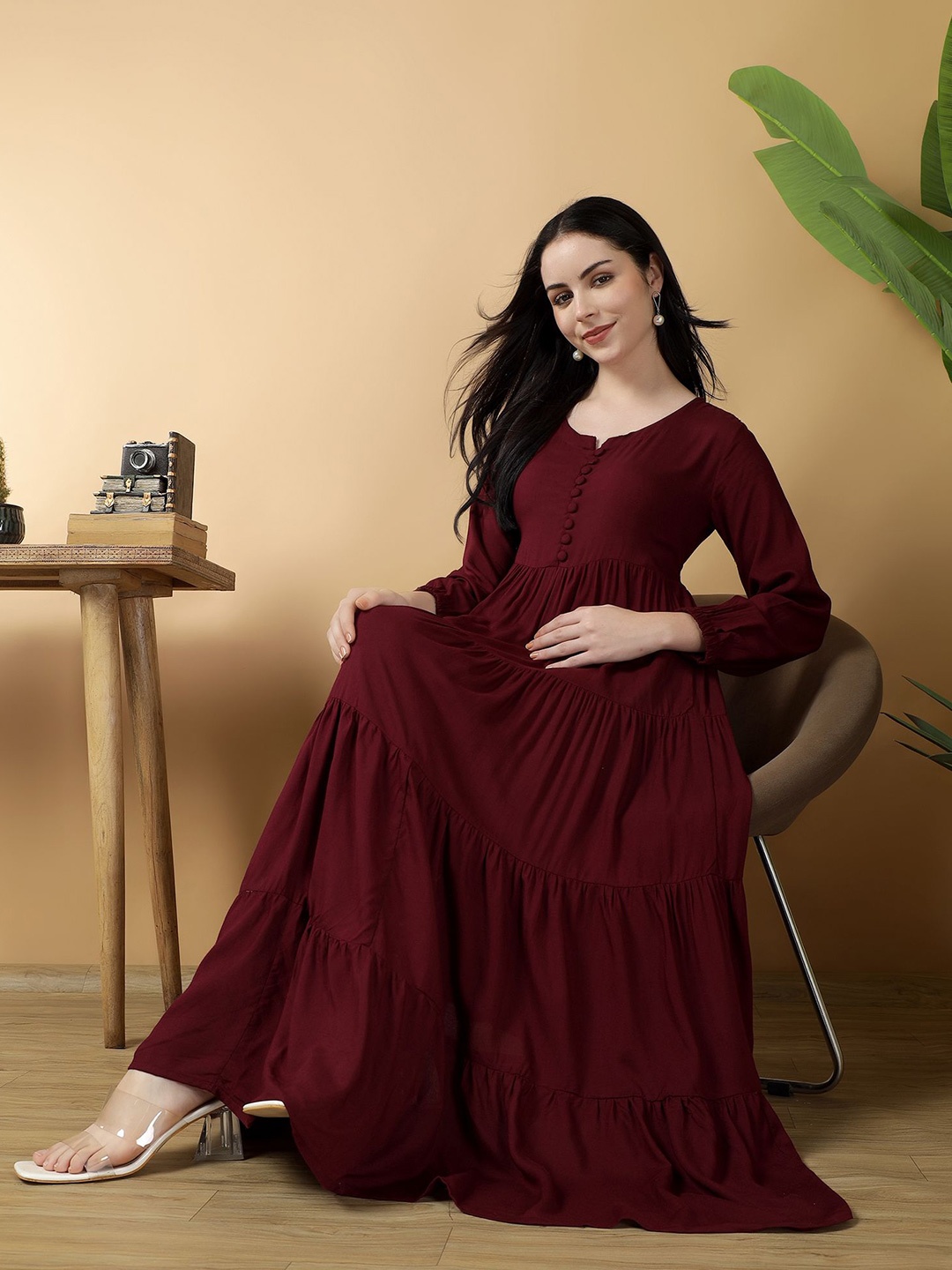 

Bright Nex Puff Sleeve Tiered Maxi Dress, Maroon
