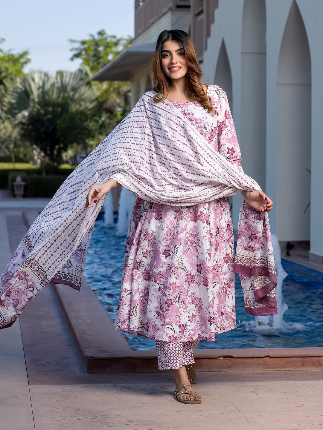 

KALINI Floral Printed Anarkali Pure Cotton Kurta With Trousers And Dupatta, Mauve