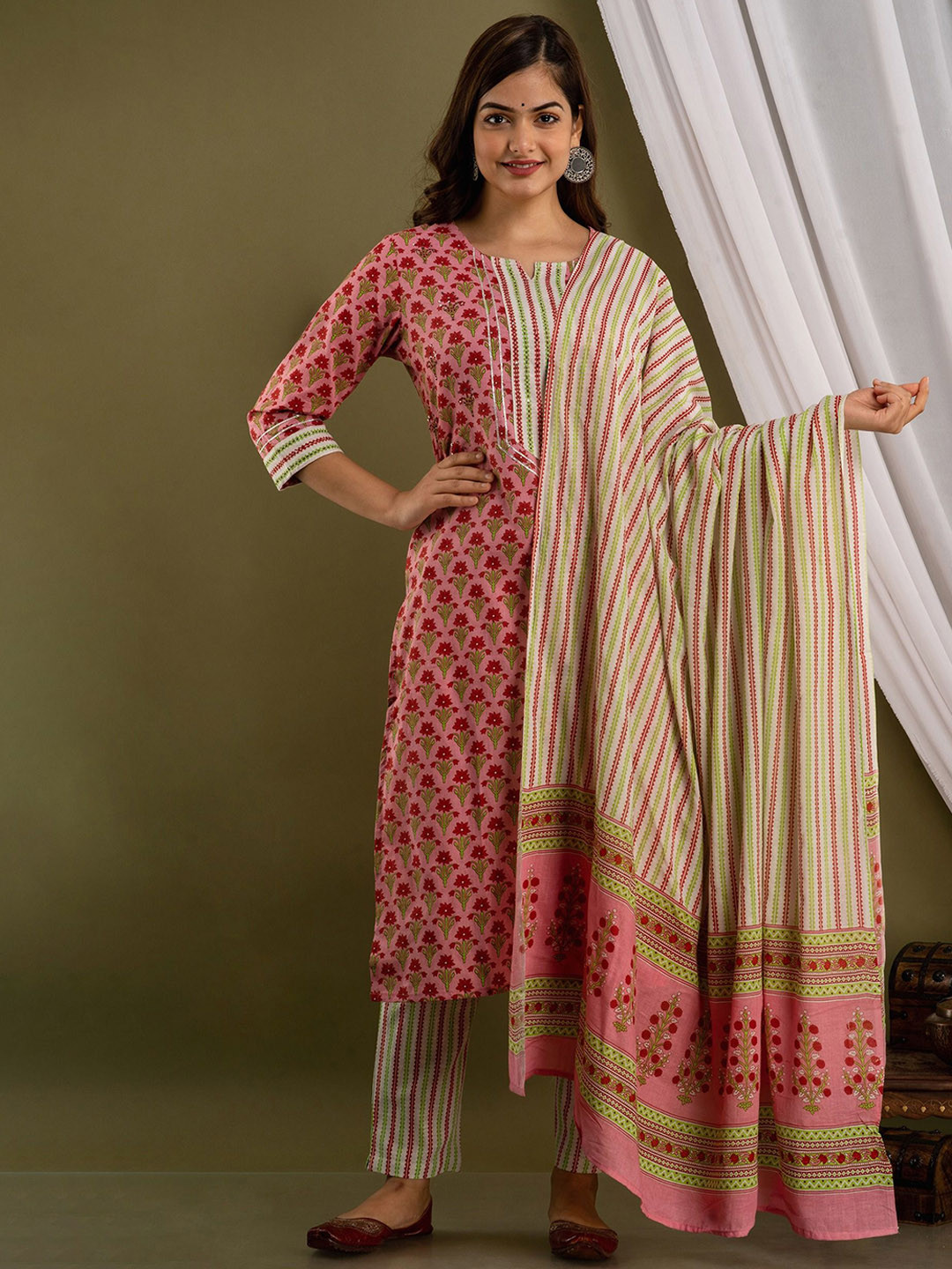 

Prathmikta Floral Printed Notch Neck Pure Cotton Straight Kurta With Trousers & Dupatta, Pink