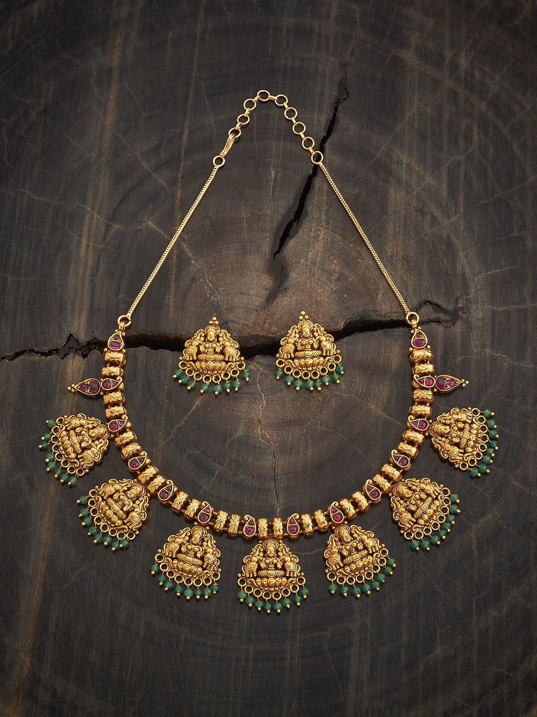 

Kushal's Fashion Jewellery Gold-Plated Ruby Studded Ethnic Antique Jewellery Set