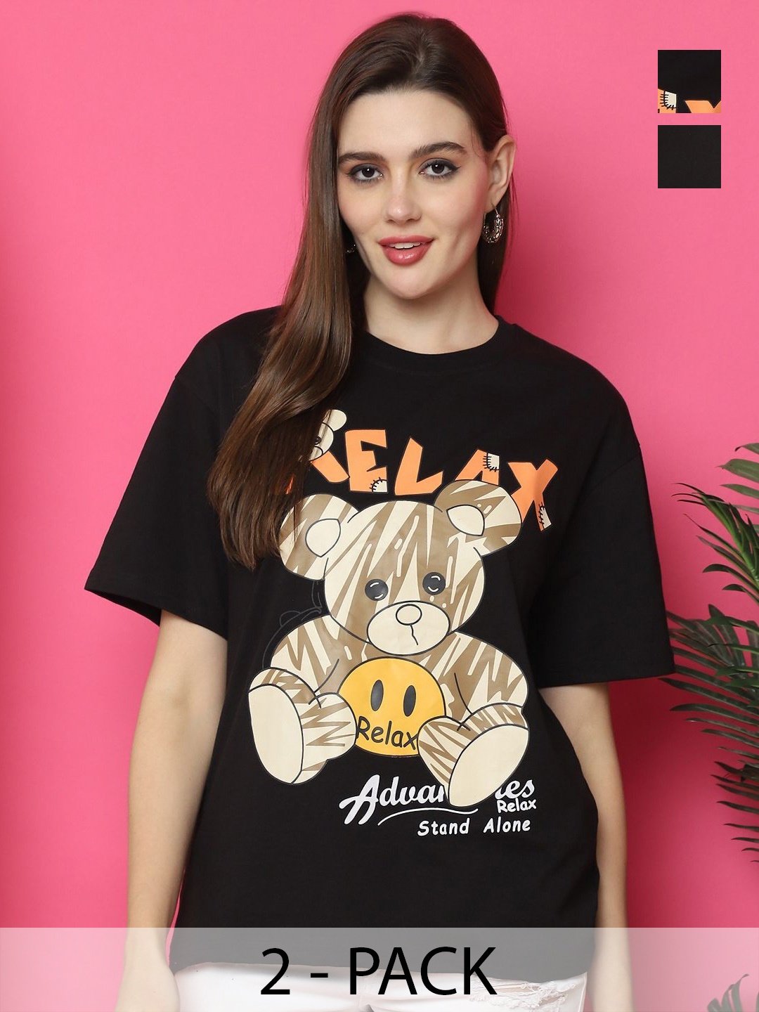 

Tromko Women Pack of 2 Graphic Printed Round Neck Cotton Oversized T-shirts, Black