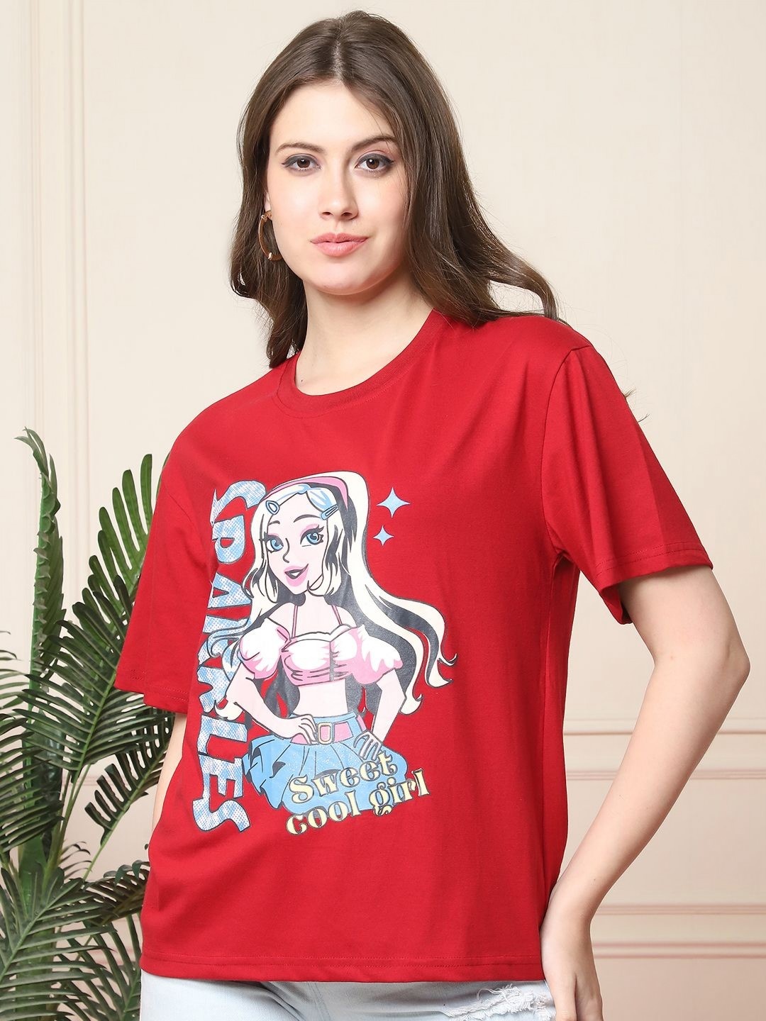 

Tromko Women Graphic Printed Round Neck Cotton Oversized T-shirt, Red