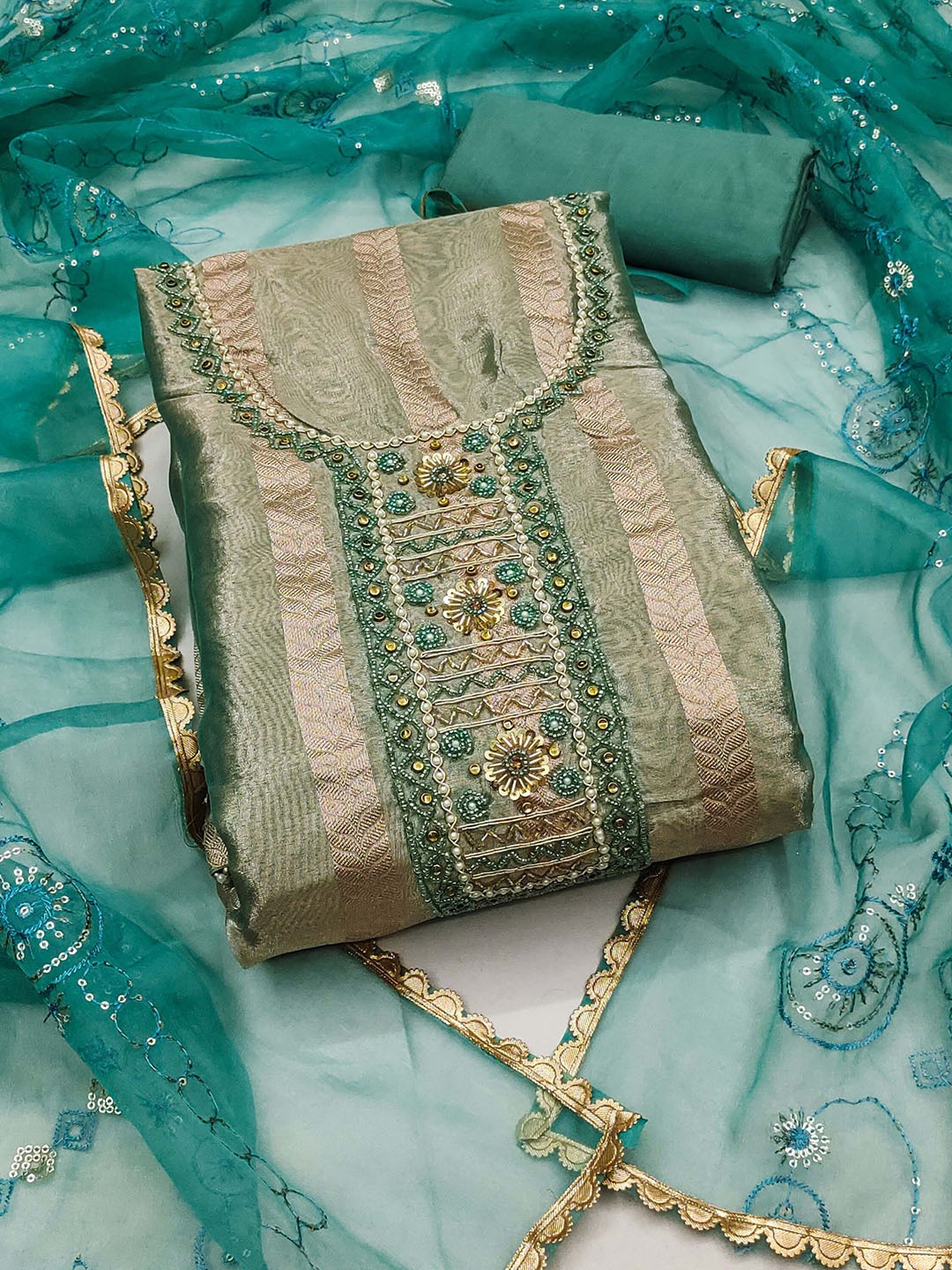 

SHADOW & SAINING Floral Woven Design Sequinned Organza Unstitched Dress Material, Sea green
