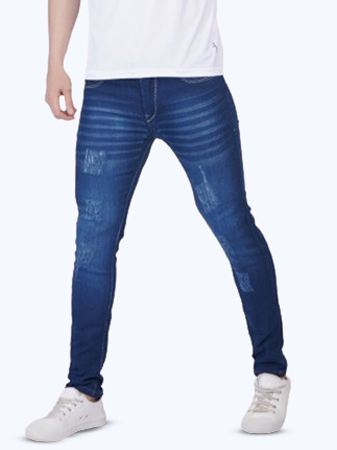 

COMFITS Men Classic Slim Fit Mildly Distressed Light Fade Stretchable Jeans, Blue
