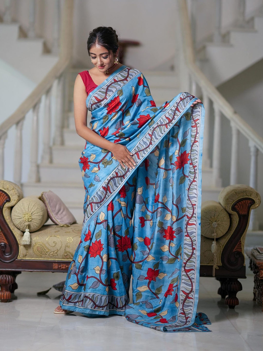 

ORUS Kalamkari Printed Pure Cotton Saree, Blue