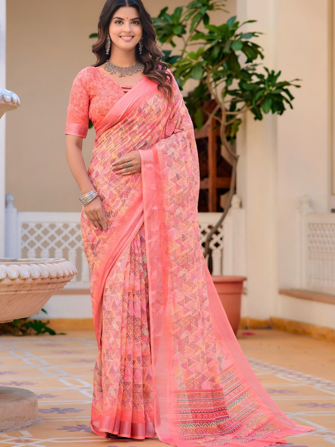 

ORUS Printed Pure Cotton Saree, Peach