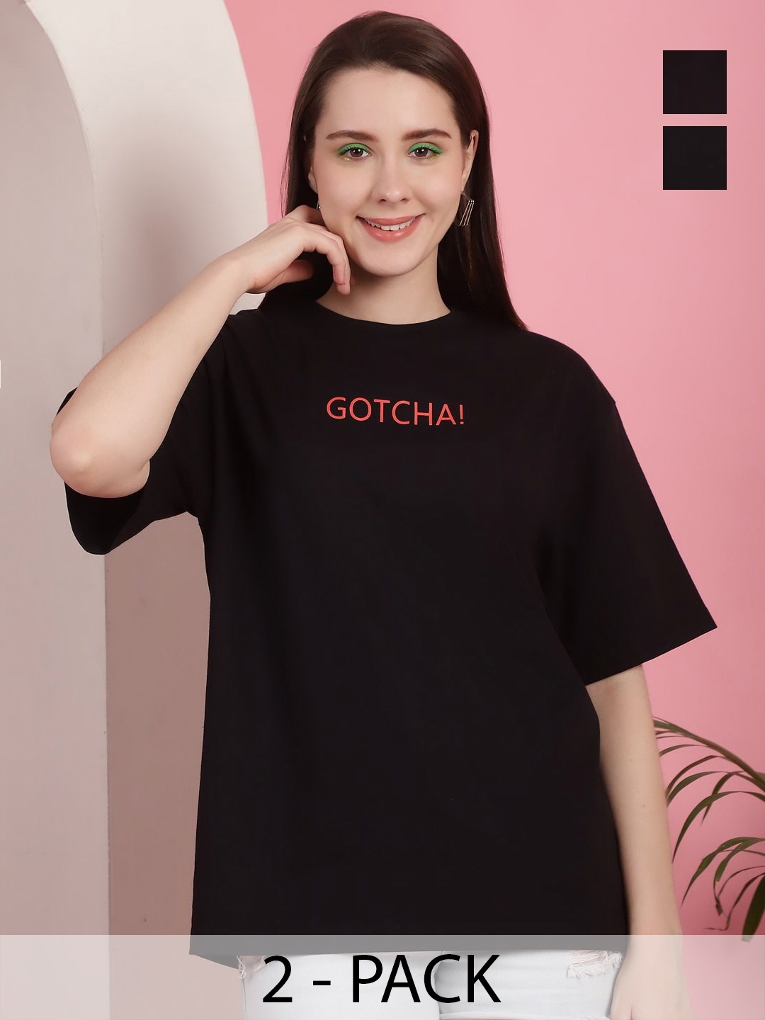 

Tromko Women Pack of 2 Graphic Printed Round Neck Cotton Oversized T-shirts, Black