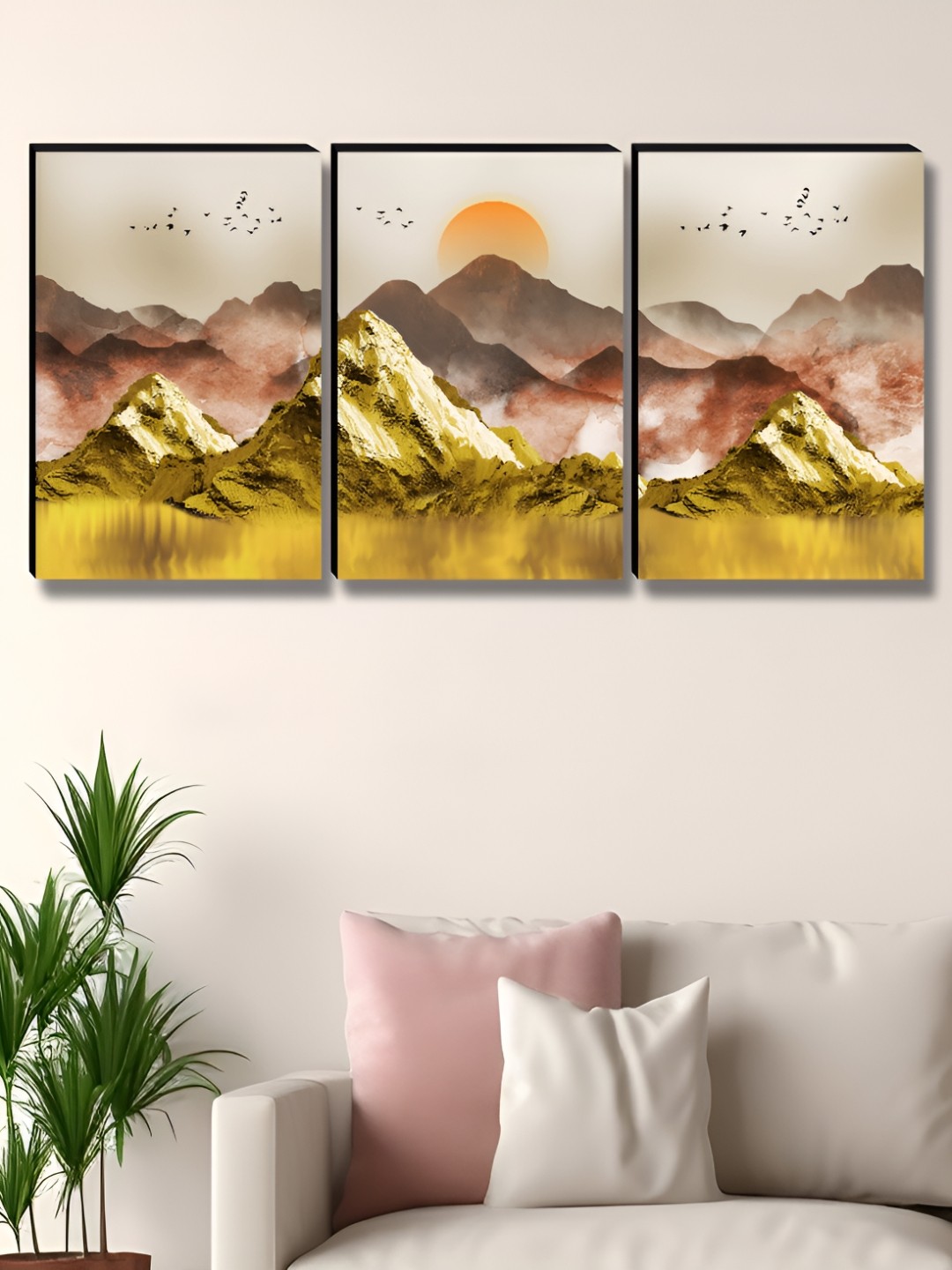 

Myntra Elegant Homes Gold-Toned & Pink 3 Piece Rising Sun Printed Wall Arts