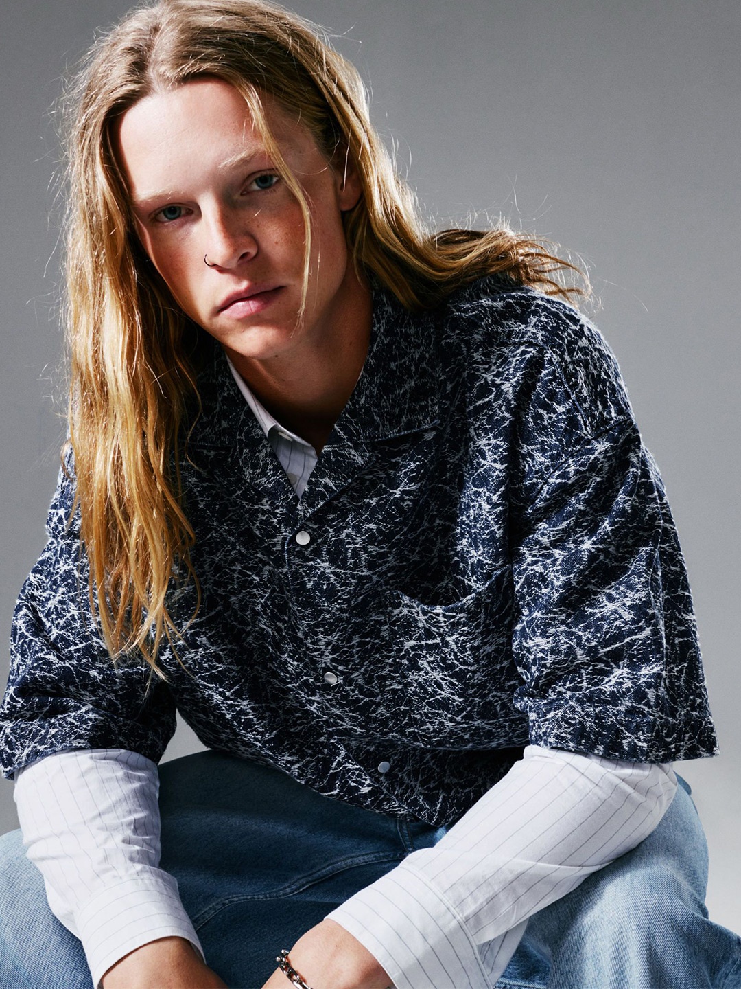 

H&M Oversized Fit Patterned Denim Shirt, Blue