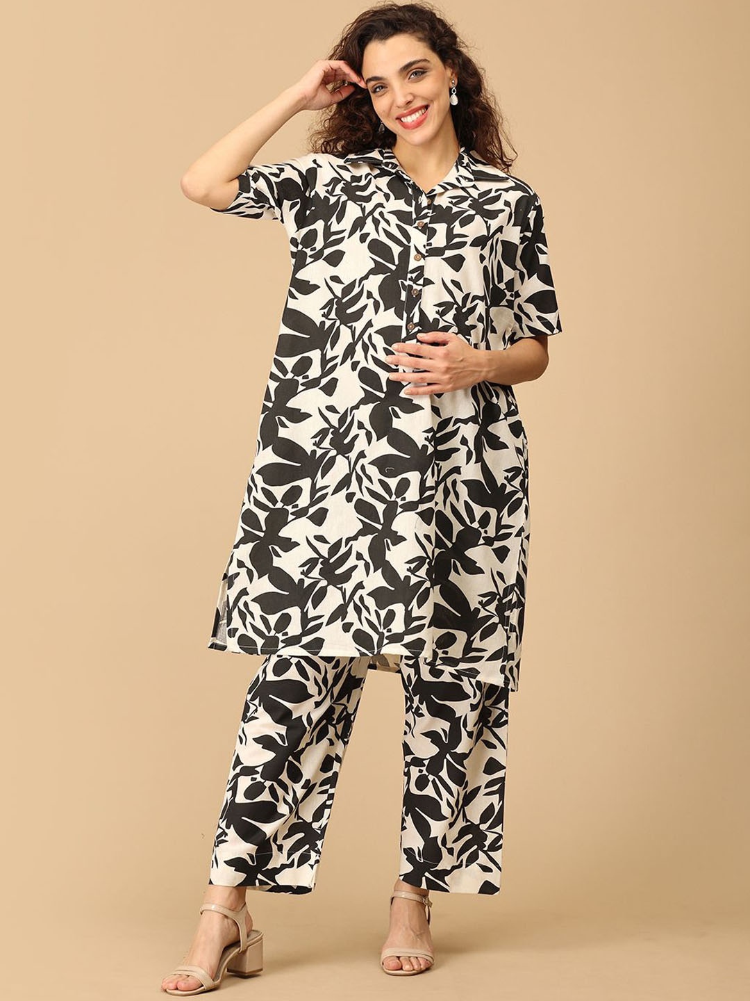 

The Mom Store Printed Pure Cotton Maternity & Nursing Tunic & Trousers, Black
