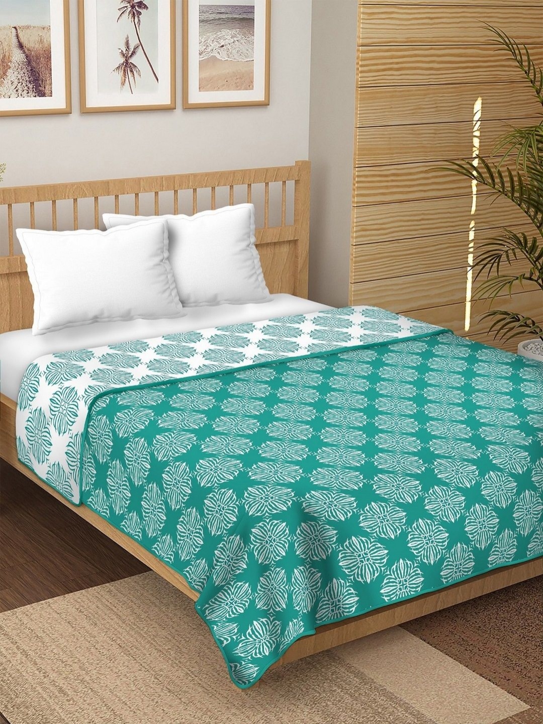 

CHICERY Green & White Floral Printed 210 GSM Pure Cotton AC Room Double Bed Dohar
