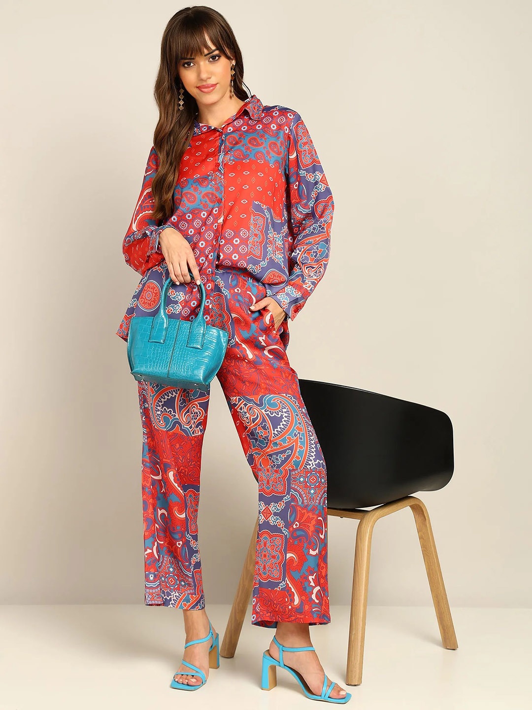 

all about you Patch Printed Long Sleeves Shirt & Trouser, Red