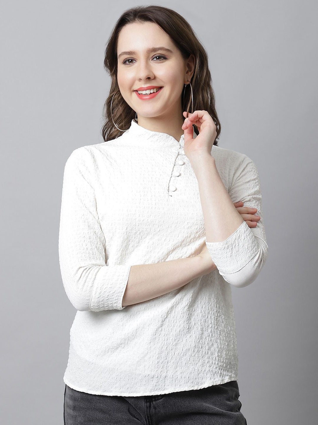 

Jakanary Women Self Design Mandarin Collar Regular Sleeves Regular Top, White