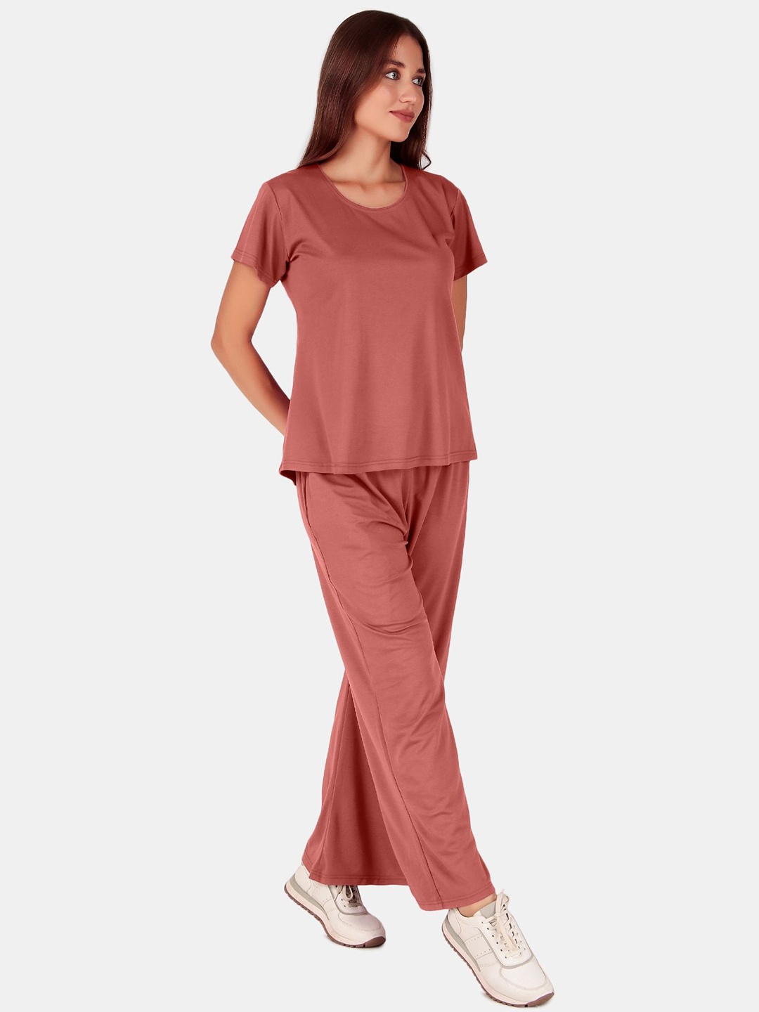 

Fasense Round Neck T-Shirt & Trousers, Pink