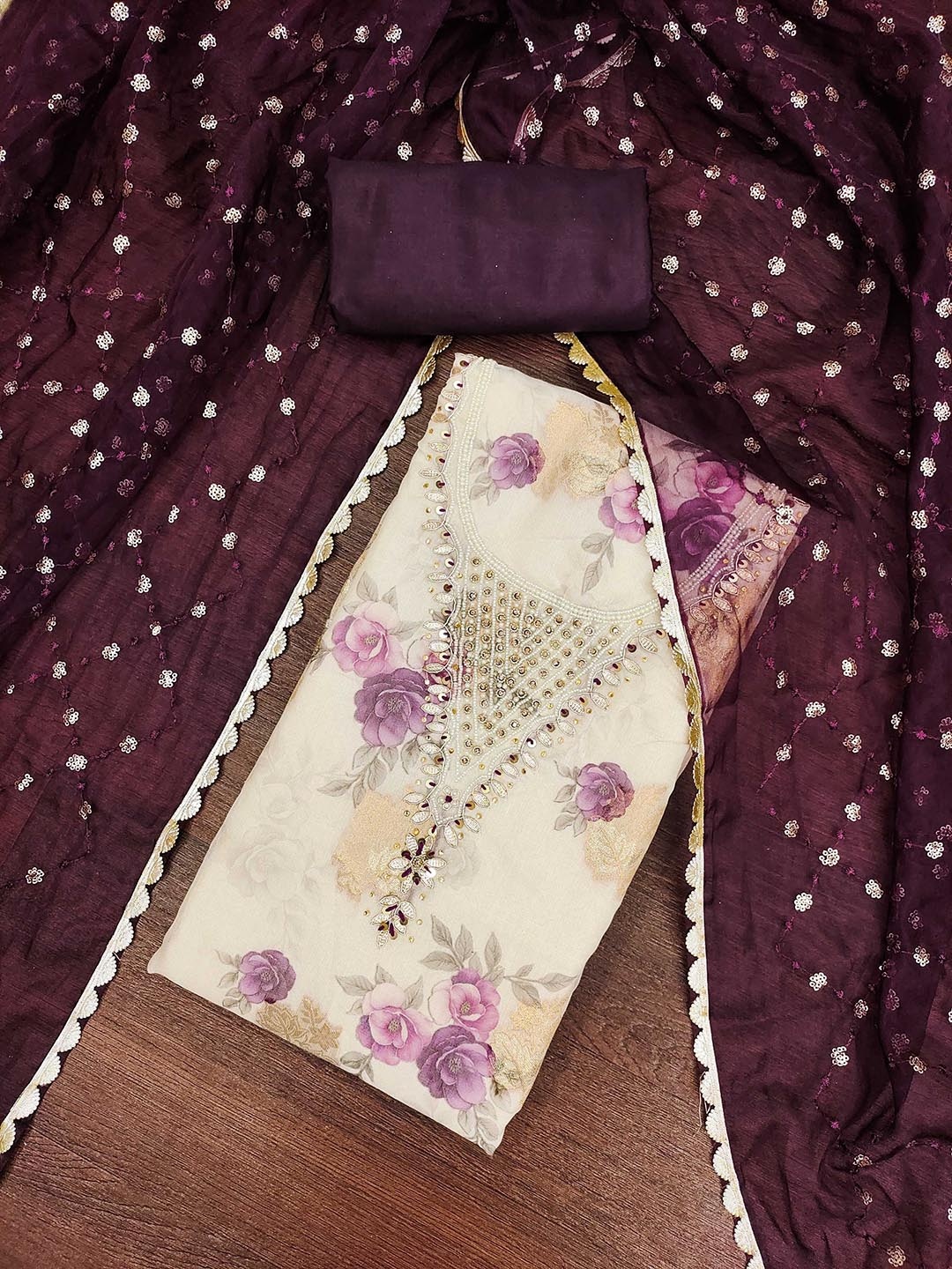 

SHADOW & SAINING Floral Printed Sequinned Unstitched Dress Material, Purple
