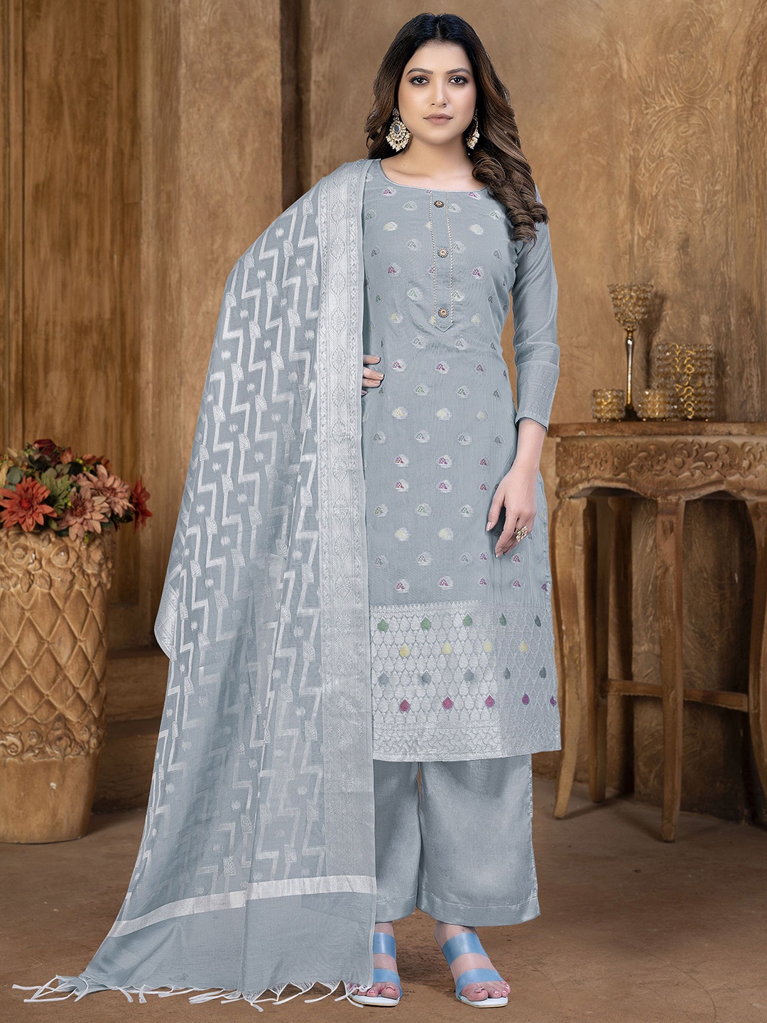

SHADOW & SAINING Semi-Stitched Dress Material, Grey
