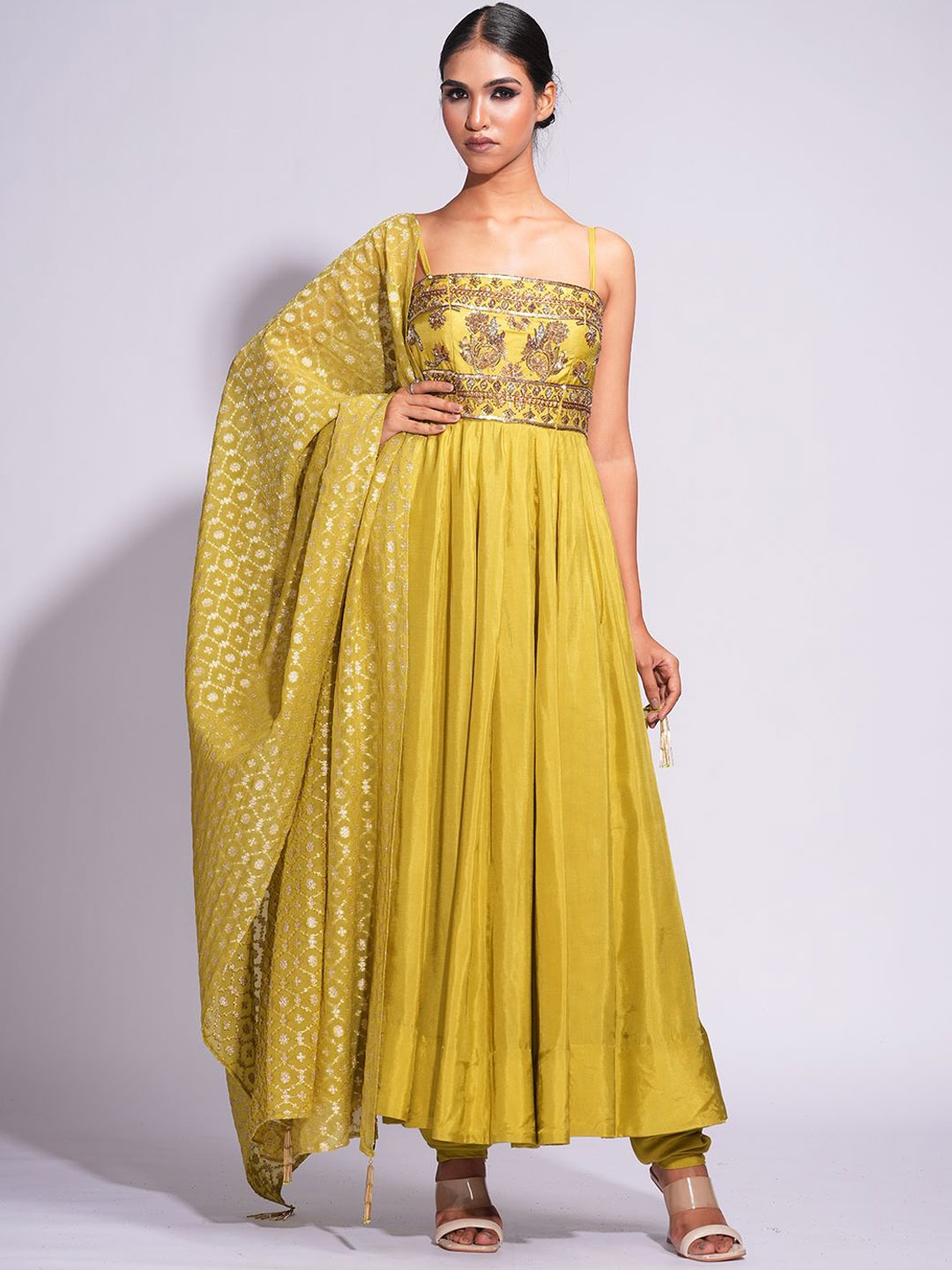 

Shruti S Floral Yoke Design Pure Silk Anarkali Kurta With Churidar & Banarasi Dupatta, Yellow