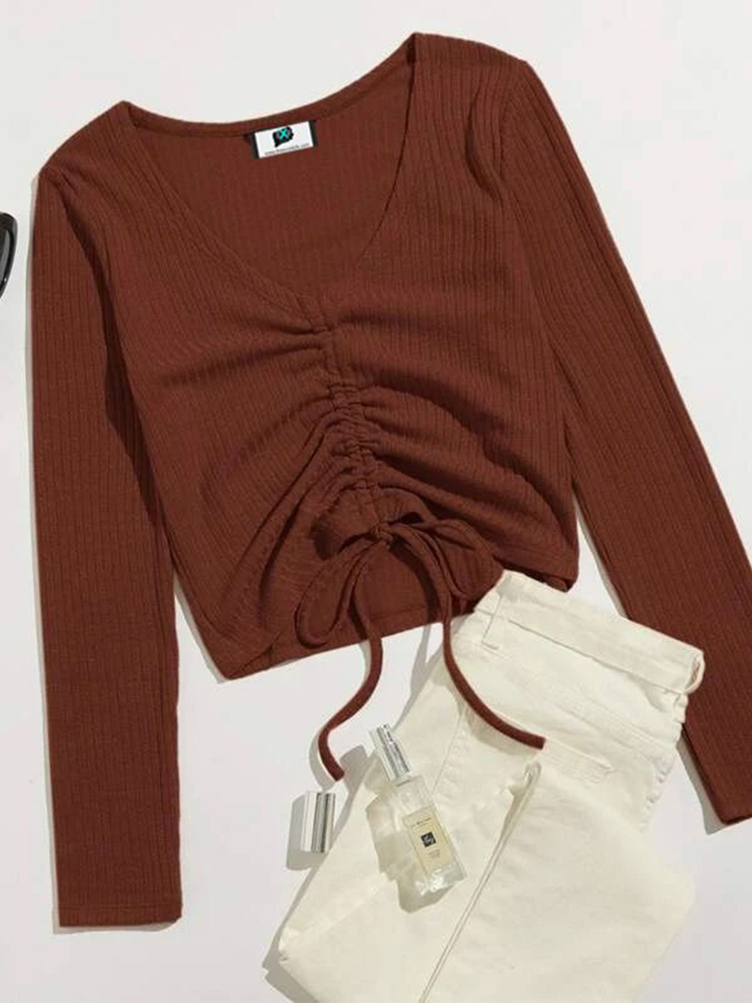 

SXV STYLE Women V-Neck Ribbed Ruched Fitted Top With Tie-Ups Details, Brown