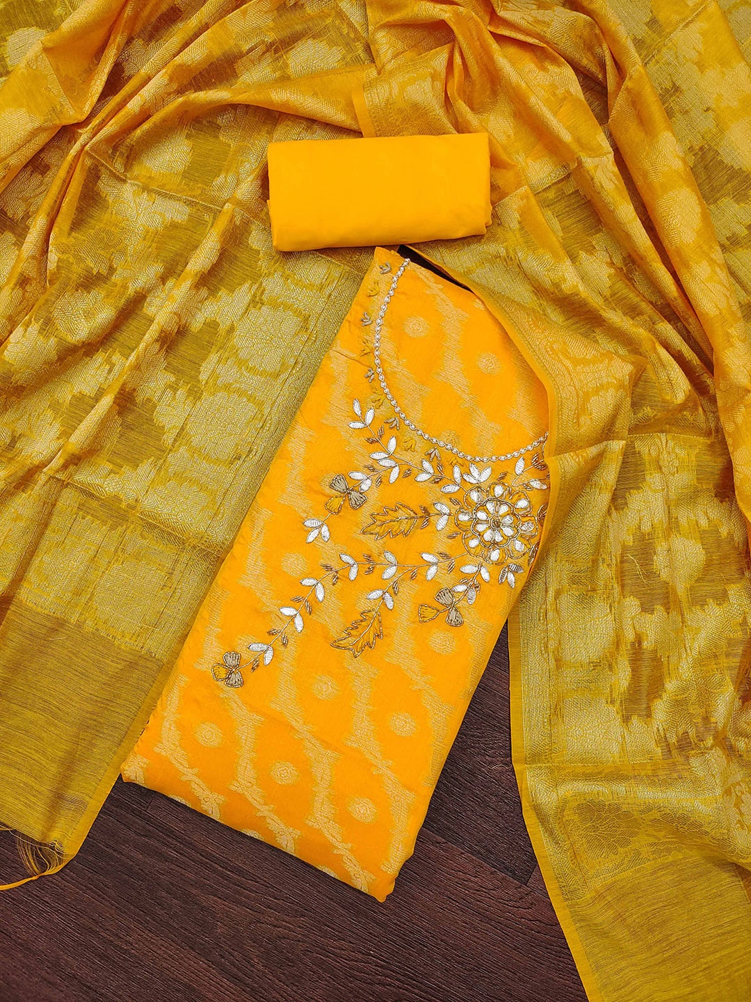 

SHADOW & SAINING Floral Woven Design Beaded Jacquard Semi-Stitched Dress Material, Mustard