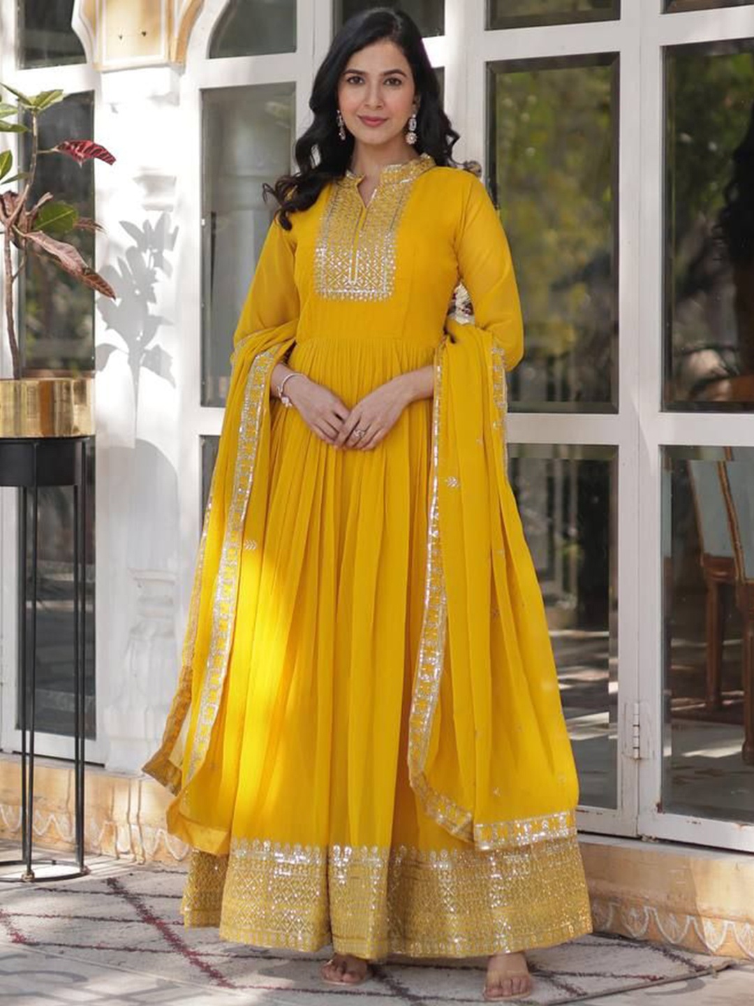 

ZIBLON Women Rich Sequins Embroidered Work Gown With Dupatta, Yellow