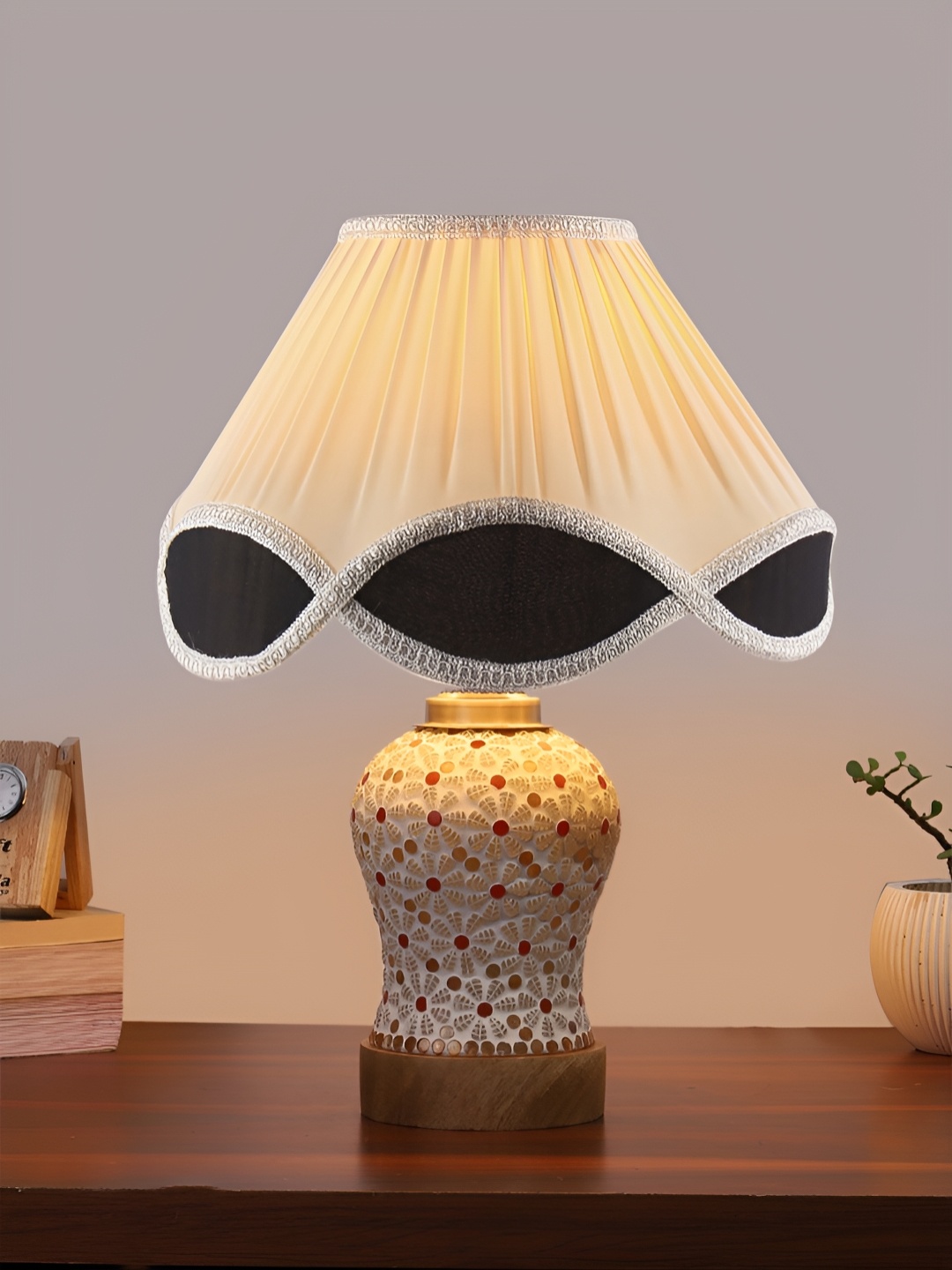 

Devansh White & Red Textured Wooden Frustum Shaped Table Lamp With Mosaic Glass Base