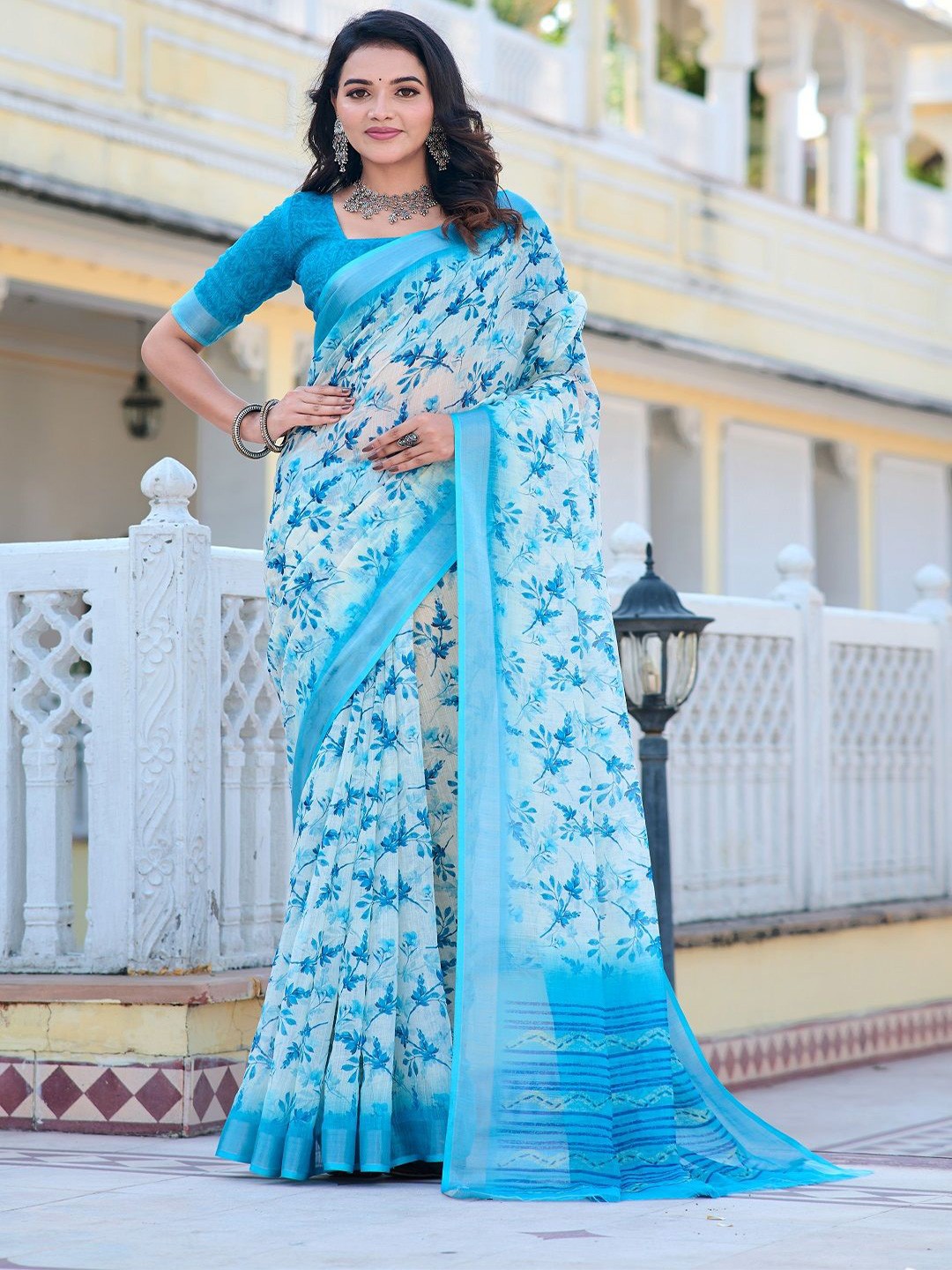 

ORUS Floral Pure Cotton Saree, Blue