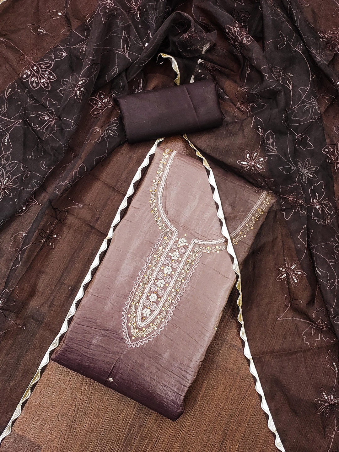 

SHADOW & SAINING Floral Embellished Beads And Stones Pure Silk Unstitched Dress Material, Brown