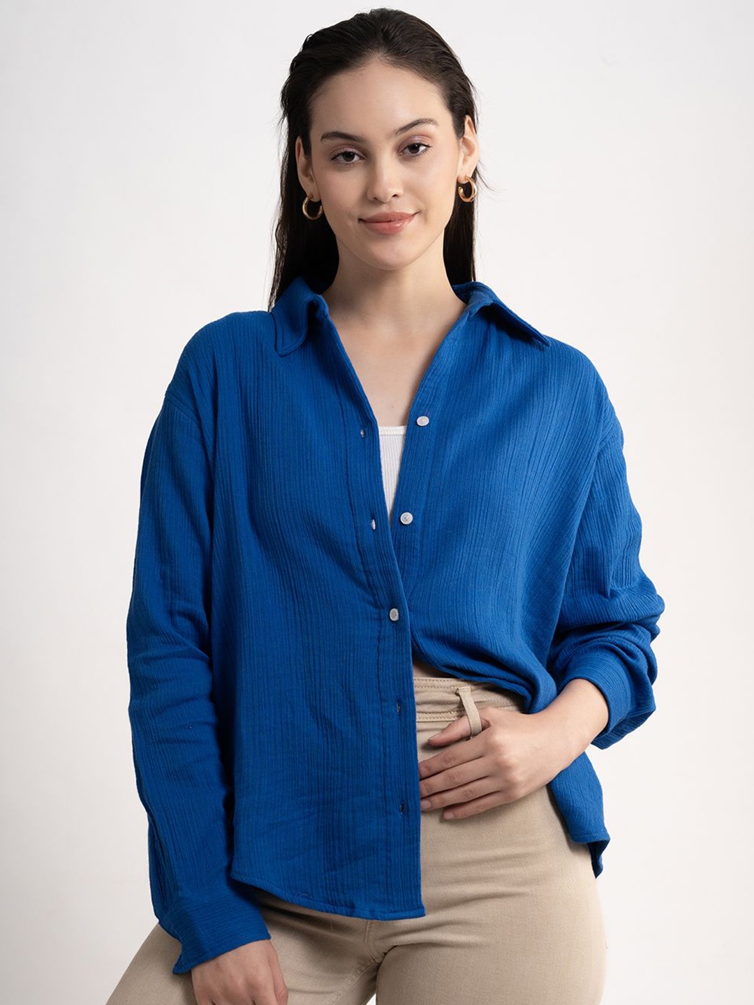 

Lounge Dreams Comfort Geometric Textured Cotton Casual Shirt, Blue