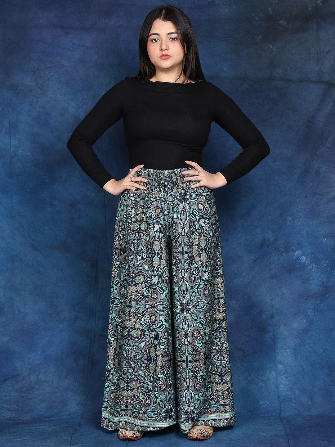 

Exotic India Women Elastic-Waist Loose Fit Palazzo with Printed Ethnic Motifs, Navy blue