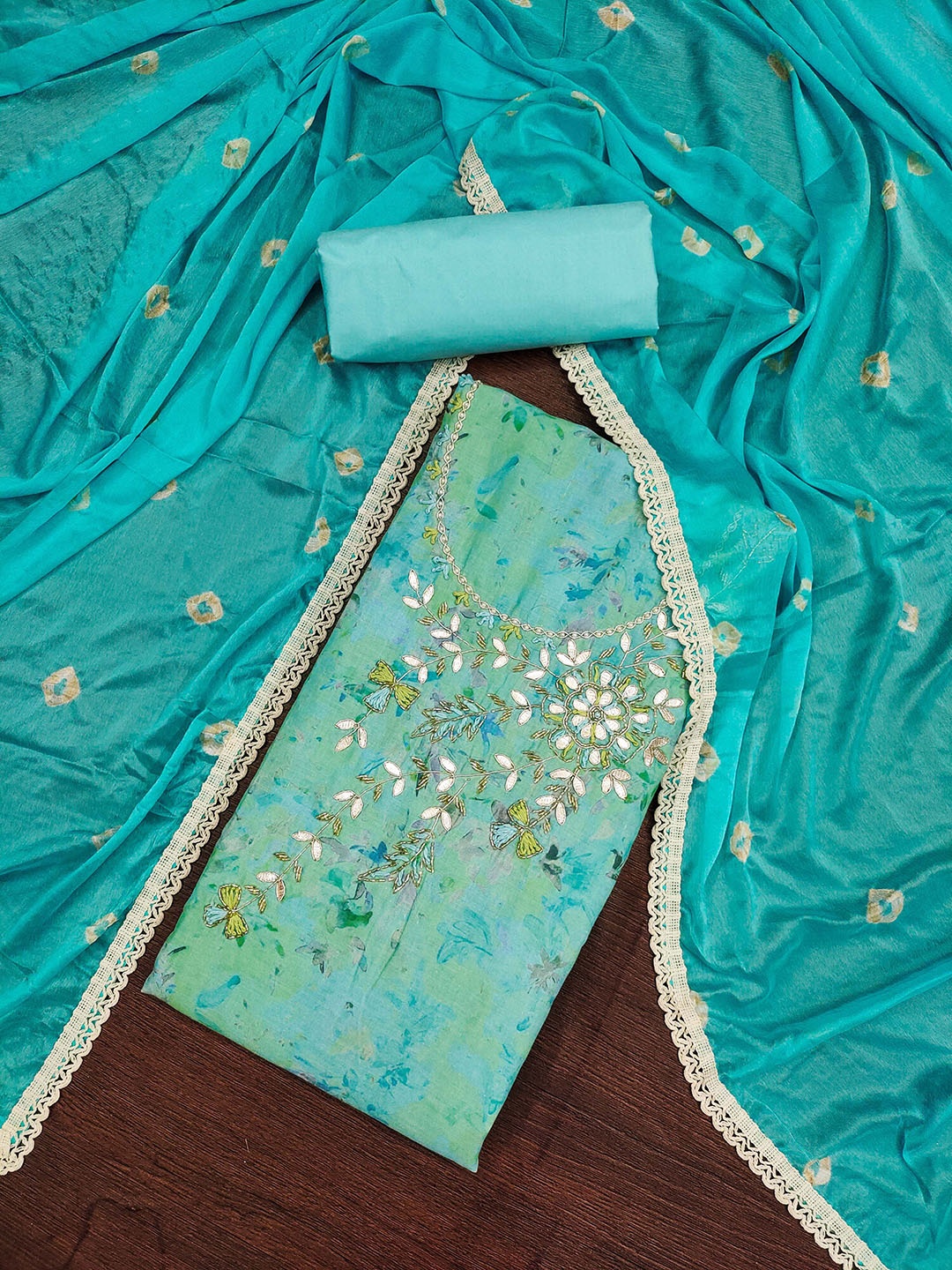 

SHADOW & SAINING Embellished Cembric Cotton Unstitched Dress Material, Sea green