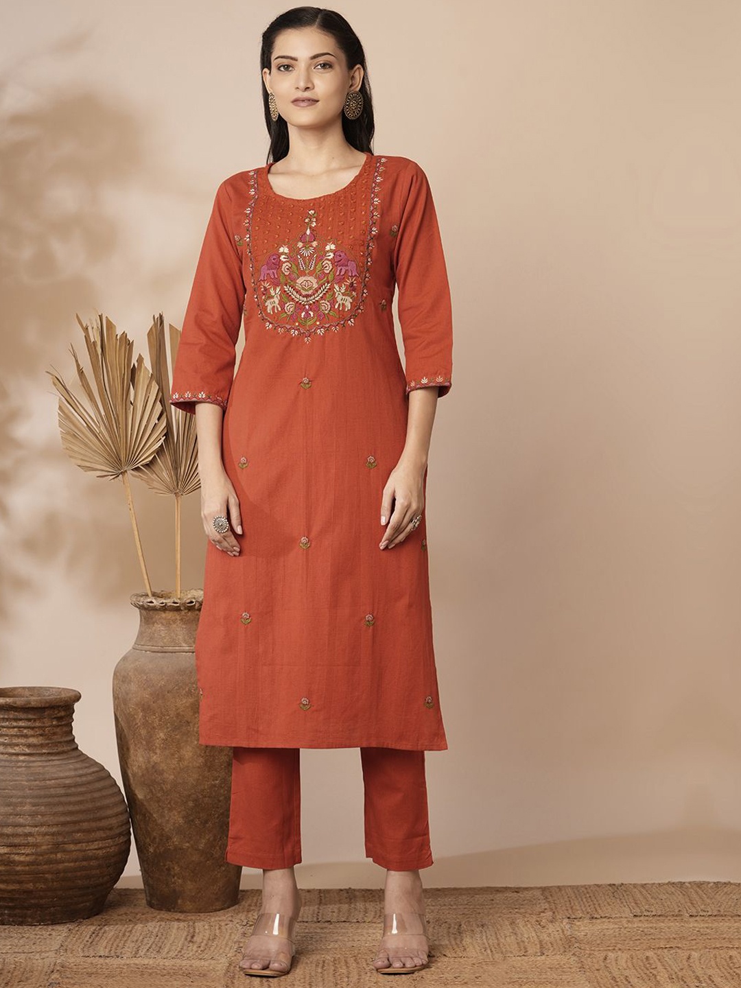 

FASHOR Embroidered Thread Work Tunic & Trousers, Orange