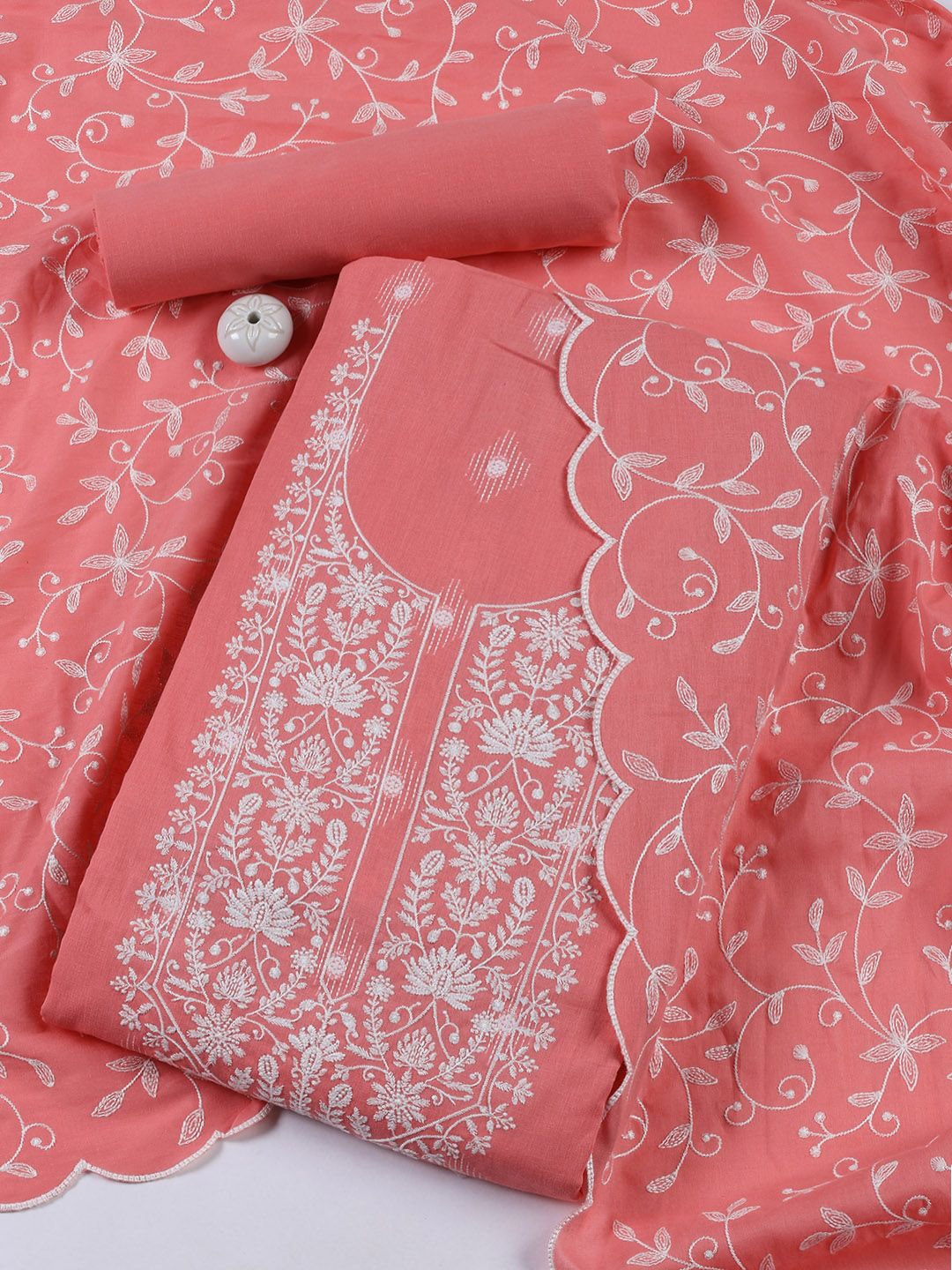 

Meena Bazaar Floral Embroidered Zari Cotton Unstitched Dress Material, Pink