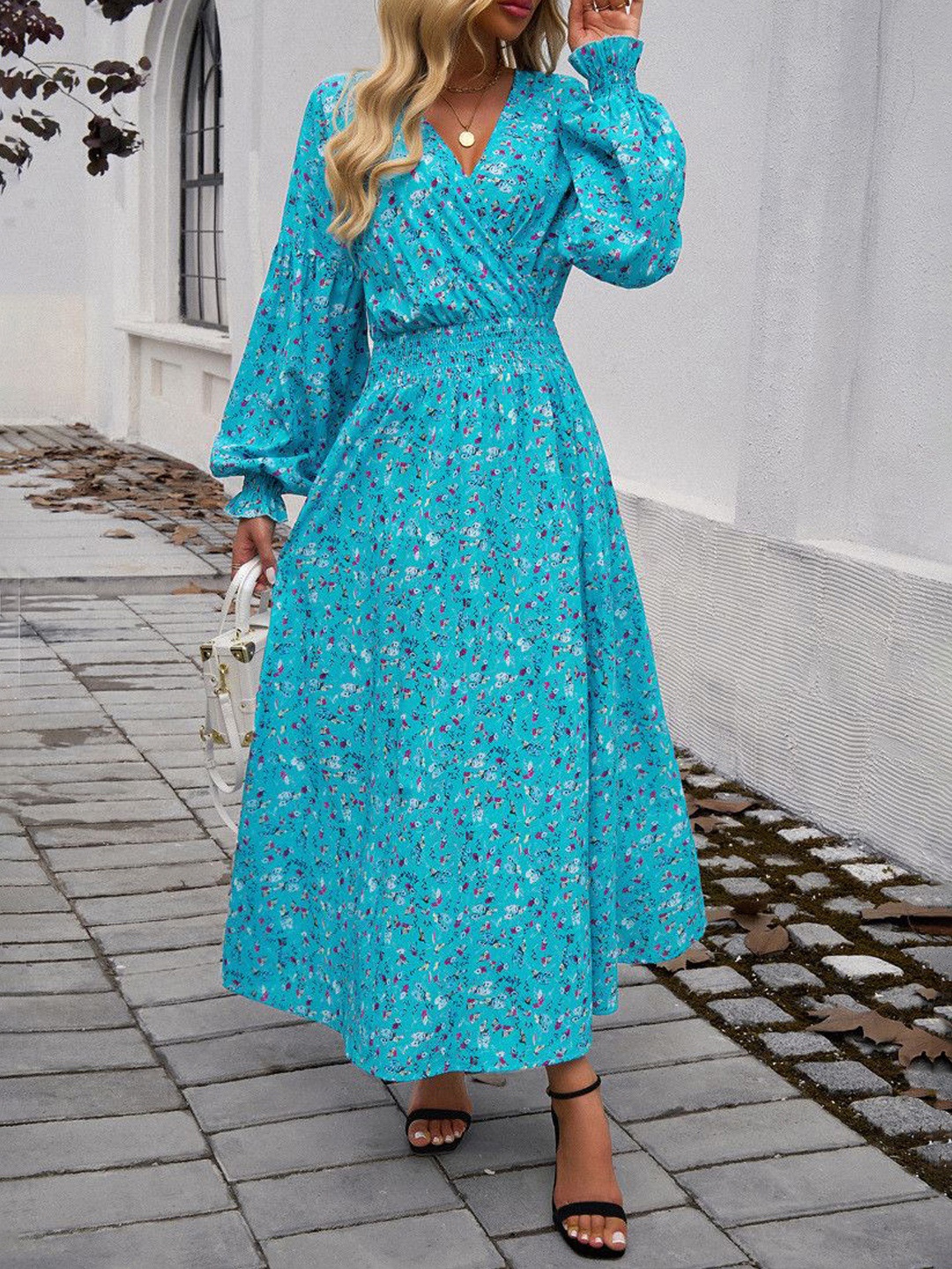 

Mast & Harbour Floral Micro Print Cuffed Sleeve Slit Smocked Fit & Flare Midi Midi Dress, Blue